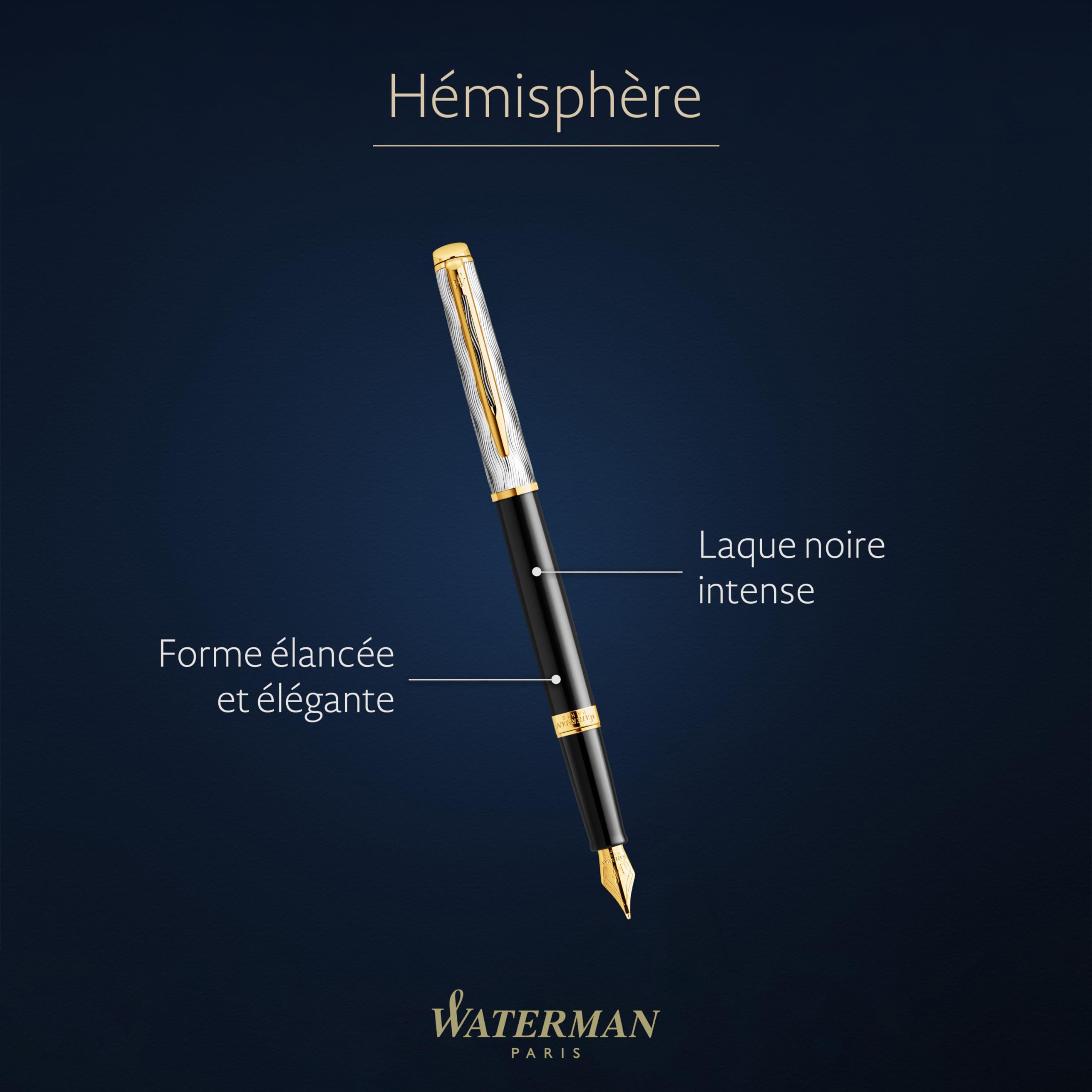 Waterman Hémisphère Stylo plume | Métal et laque noire avec finition or et Capuchon ciselé | Plume moyenne en acier inoxydable plaqué or | Coffret cadeau