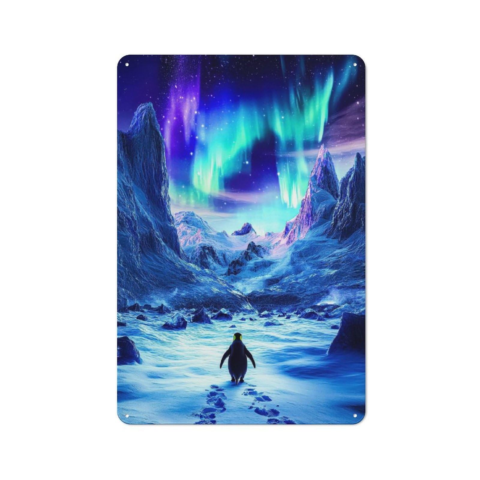 Junmoney Style-3 Tin Wall Plaque 30X20cm With Penguin Under Aurora Borealis For Hobby Room Or Studio, For Kitchen, Dining Room And Home Bar Wall Decor