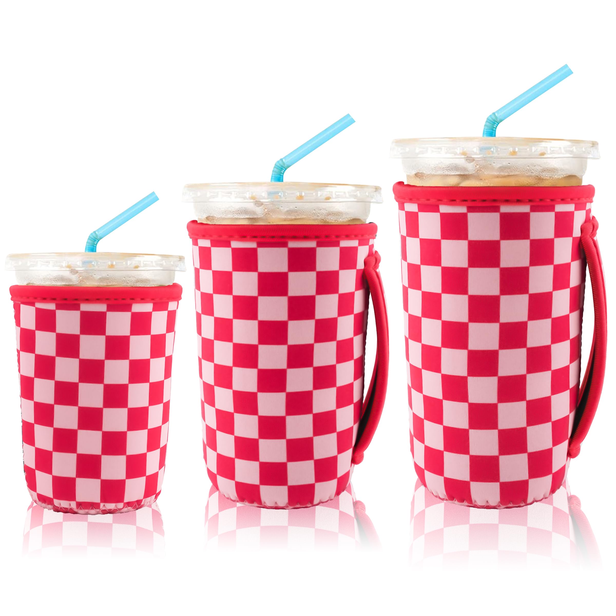 Photo 1 of KJQJLY 3 Pack Reusable Iced Coffee Sleeves for Iced Coffee Cups or Drinks Reusable Neoprene Insulated Sleeves for Hot and Cold Drinks from Starbucks, Dunkin, And More (Pink Grid)