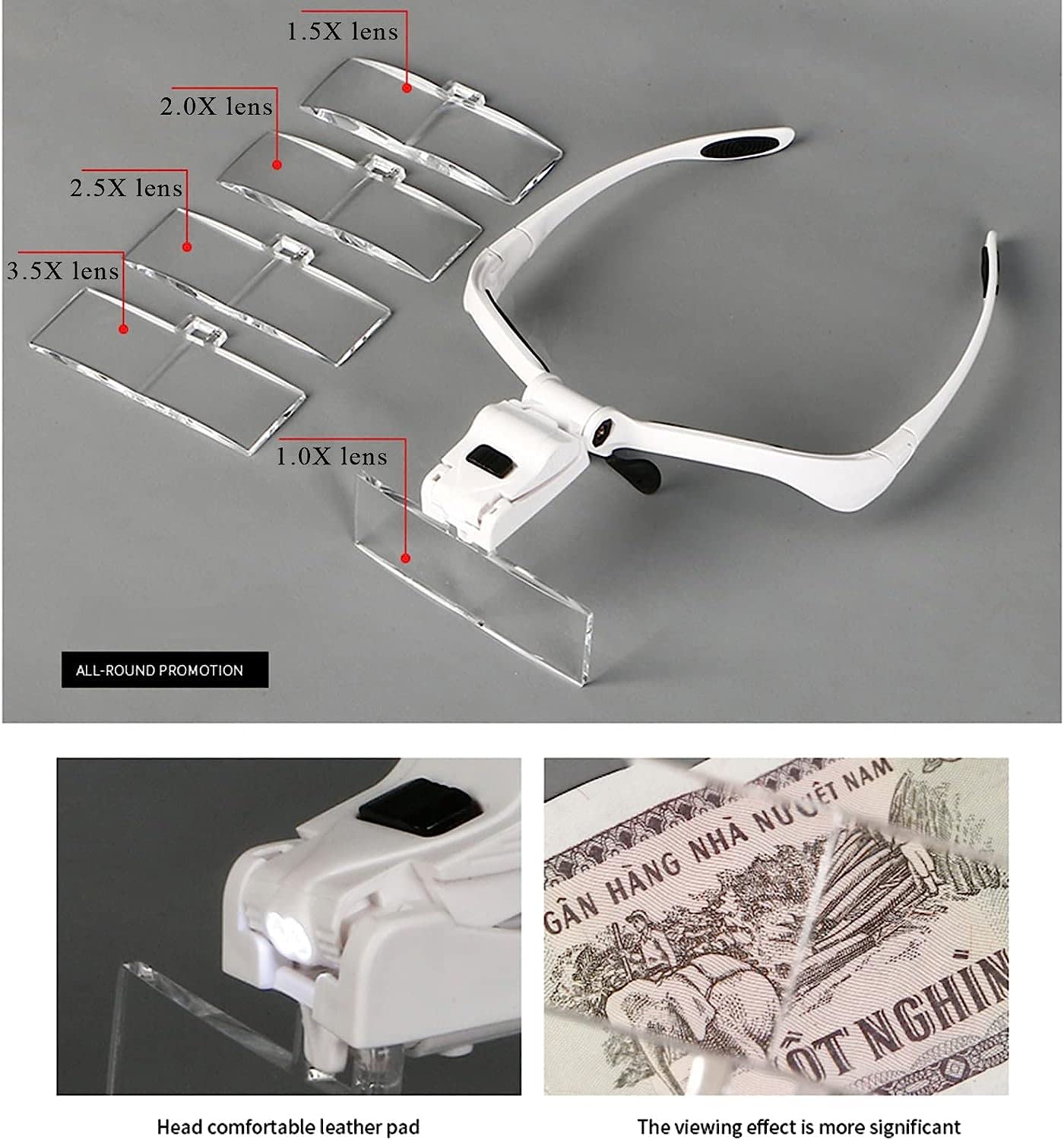 Occhiali con Lente d'Ingrandimento da Testa con 2 luci LED, Lente d'Ingrandimento con Fascia a Mani libere 5 Lenti 1.0X 1.5X 2.0X 2.5X 3.5X per Extension Ciglia