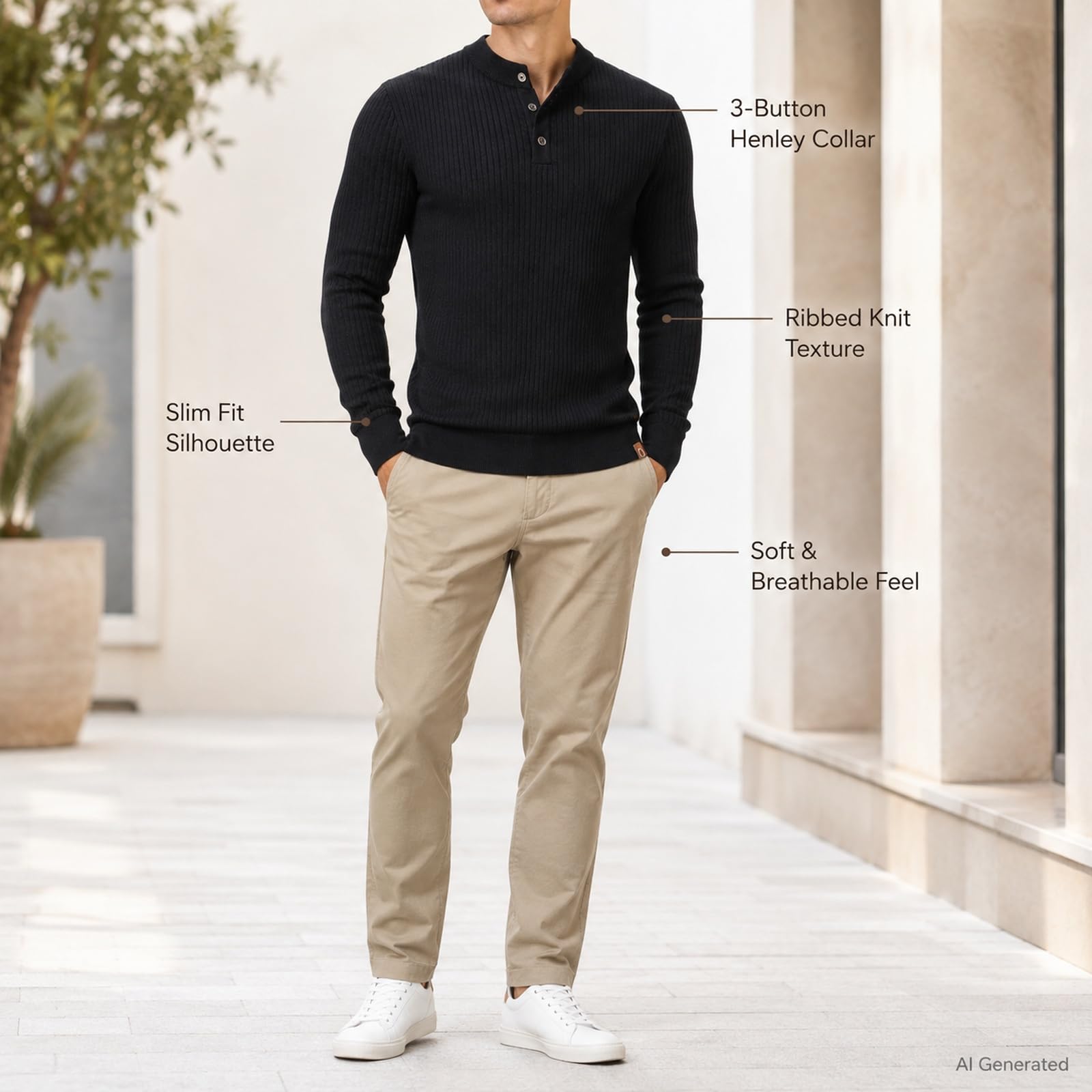Męska koszulka Henley z długim rękawem Slim Fit Stretch Ribbed Pullover