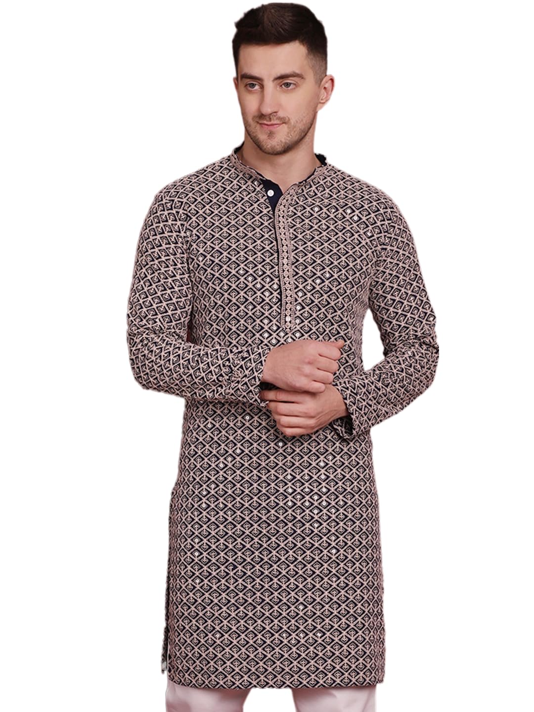 Jompers Men's Navy Sequin Embroidered Pure Cotton Kurtas (Navy, M)
