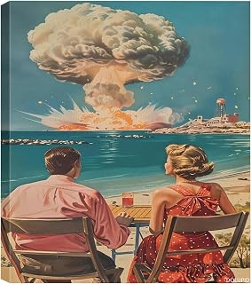 Retro Couple Beach Nuclear Blast Surrealist Canvas Wall Art Prints Unique Funny Posters MidCentury Modern Home Decor for Living Room Wall Decor 8x10inch Framed