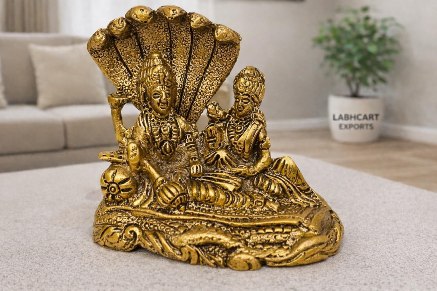 LABHCART Brass Lakshmi Vishnu Idol God Goddess Statues Religious Deity Laxmi Vishnu Resting On Sheshnaag 4 Inches