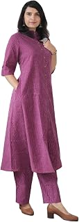 YAKSHU SLAY EVERY DAY Women's Solid A-Line Kantha Work Front Button Kurti with Wide Leg Pants | Red Price In India