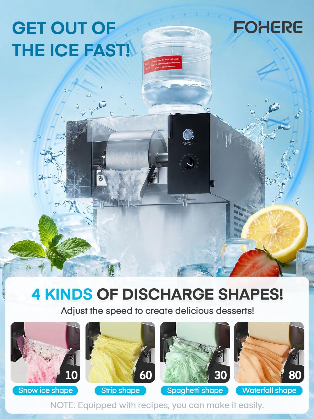 FOHERE Gewerbliche Schnee-Eismaschine 80kg/24h Edelstahl Bingsu Maschine mit Selbstreinigungsfunktion Kompressor Geschwindigkeitsregler