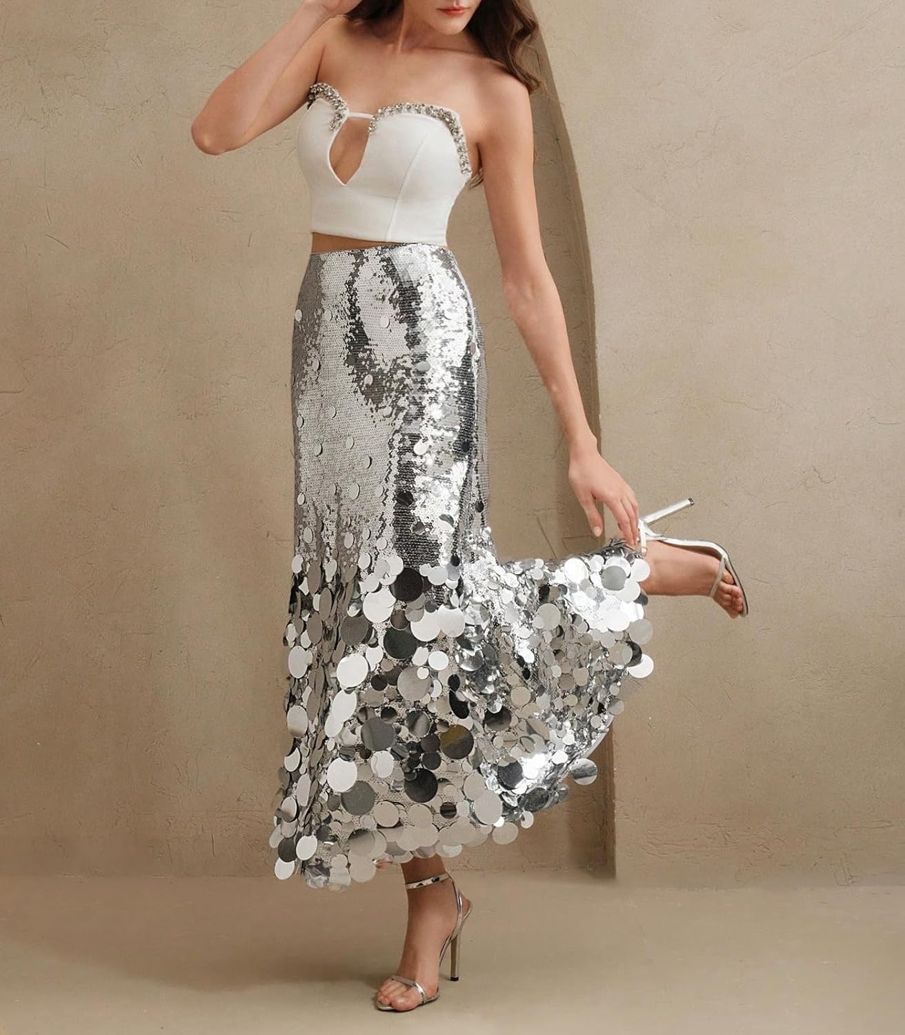 Women's Sequin Maxi Skirt High Waist Sparkle Mermaid Hem Long Skirt Formal Party Cocktail Wedding Guest