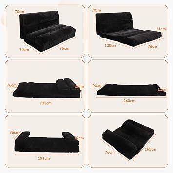 MAXYOYO Bean Bag Bed Folding Sofa Bed Mattress for Adults, Extra Thick 6 Fold Floor Couch for Bedroom Living Room, Black, 75x240 cm