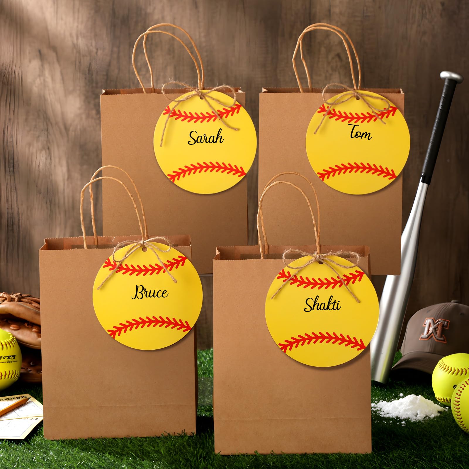 Photo 1 of Dansydaisy 12 Sets 10.6 Inch DIY Softball Paper Gift Bag Sets for Team Girls Personalized Softball Party Favor Bags Include Tags Marker Jute Rope Paper Goodie Bundle for Sport Party Supplies
