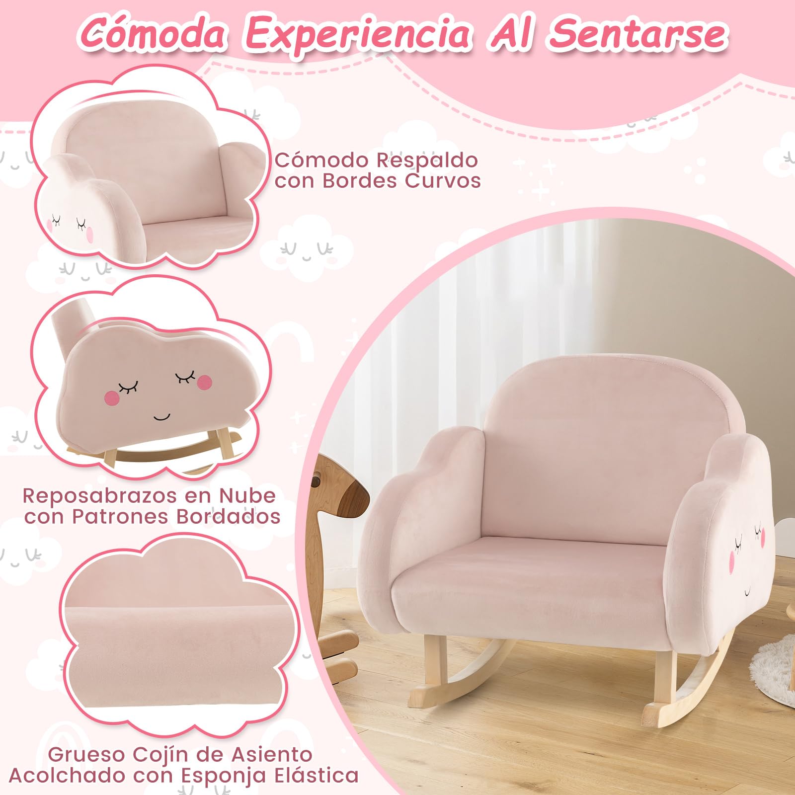 COSTWAY Silla Mecedora para Niños, Sillón Infantil Tapizado con Patas de Madera Maciza y Almohadillas Antideslizantes, Mecedora para Niños en Guardería, Sala de Juegos, Dormitorio (Rosa Ligero)