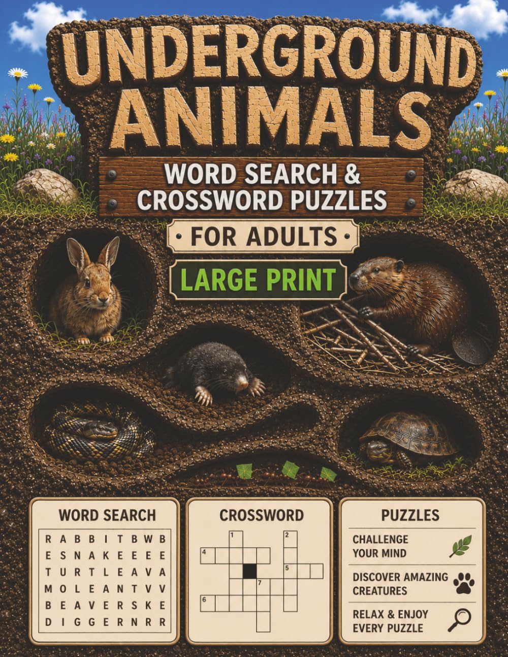 Underground Animals: Adult Large Print: Word Search & Crossword Puzzles