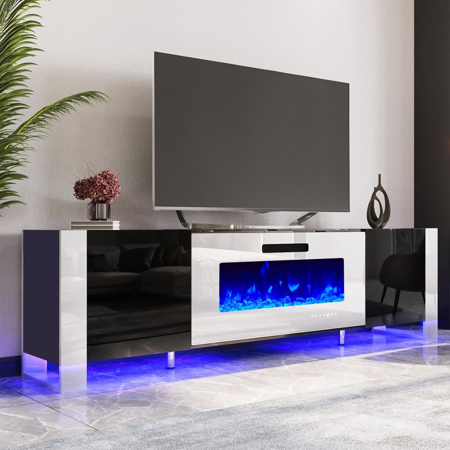 AMERLIFE Fireplace TV Stand with 36" Fireplace, 70" Modern Entertainment Center with High Gloss Doors & LED Lights, U-Shaped Legs TV Console Cabinet