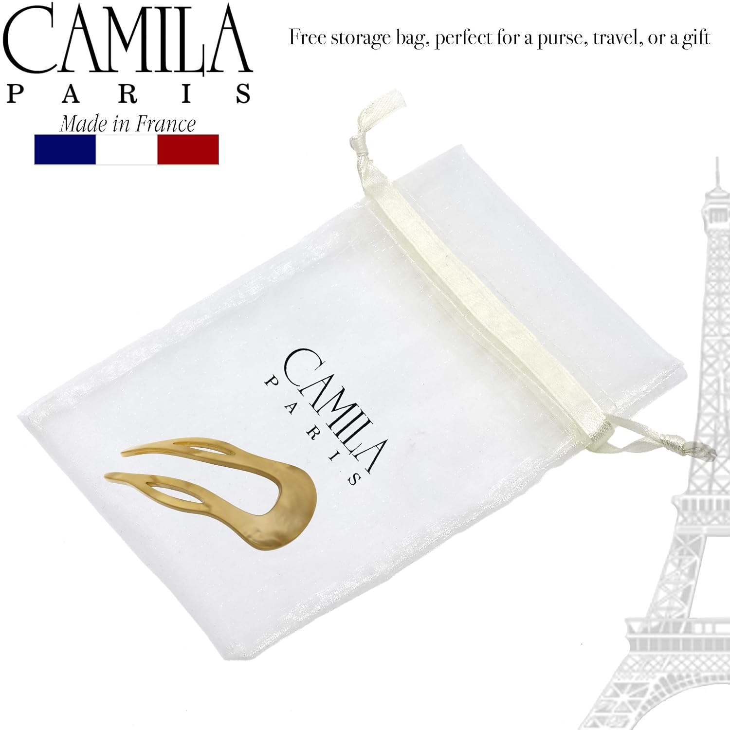 Camila Paris CP3417 French Twist Stick Clip Pins, Gold, Wavy Hair Pin U-Shaped Hair Fork for Girls Spiral Updo Chignon Bun Holder, Fashion Flexible Styling Hair Accessories for Women, Made in France image 4