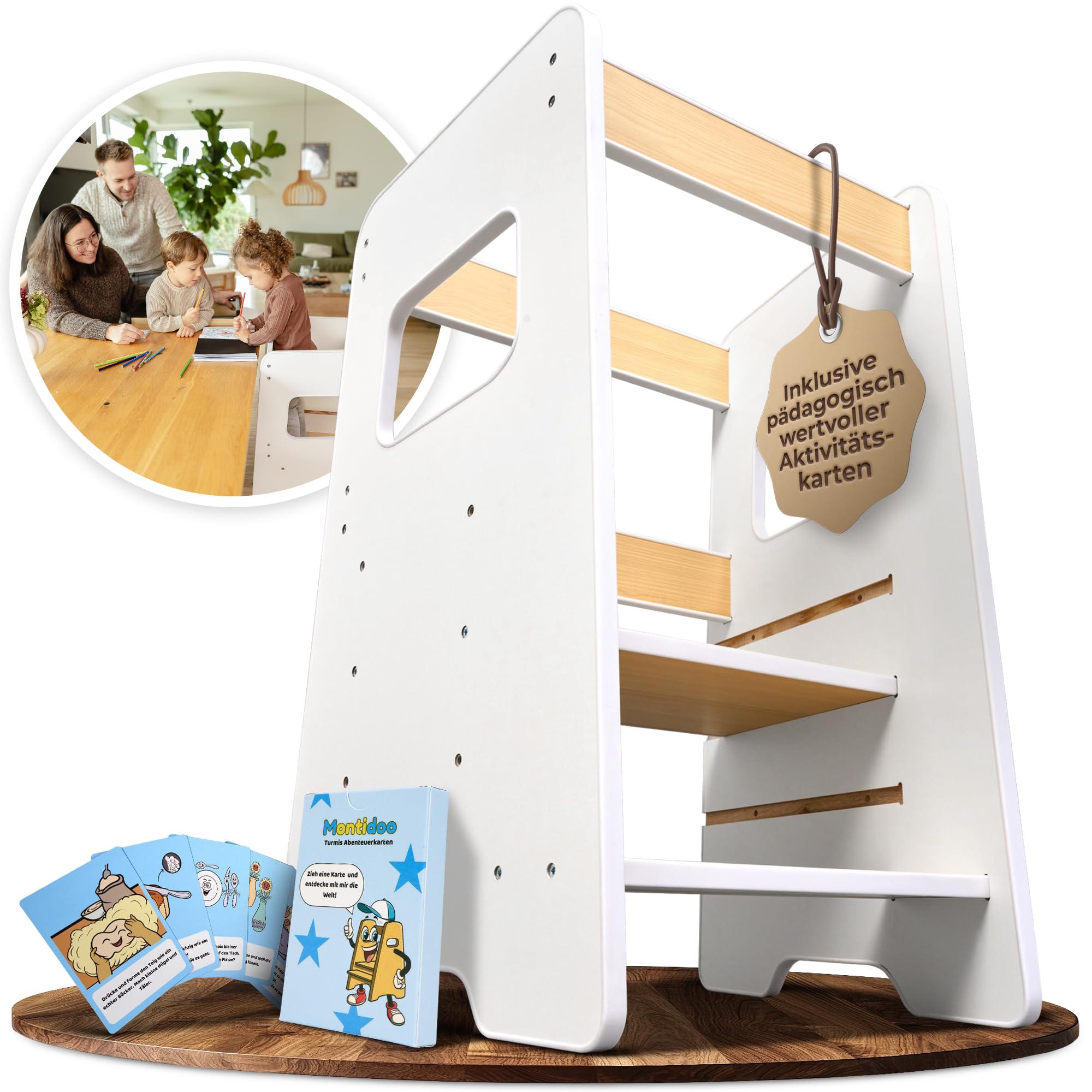 Lernturm für Kinder ab 1 Jahr – Mit Aktivitätskarten für echte Nutzung im Alltag, sicherer Learning Tower mit Wobble Stop Design, 2 Stufen & höhenverstellbar für Küche & Bad | Montessori (Weiß)
