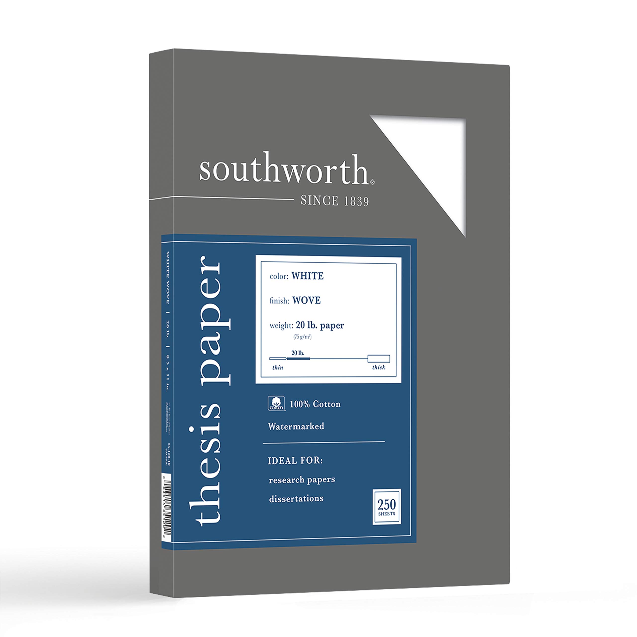 Southworth 100% Cotton Thesis Paper, 8.5” x 11”, 20 lb/75 GSM, Wove Finish, White, 250 Sheets - Packaging May Vary (35-120-10)