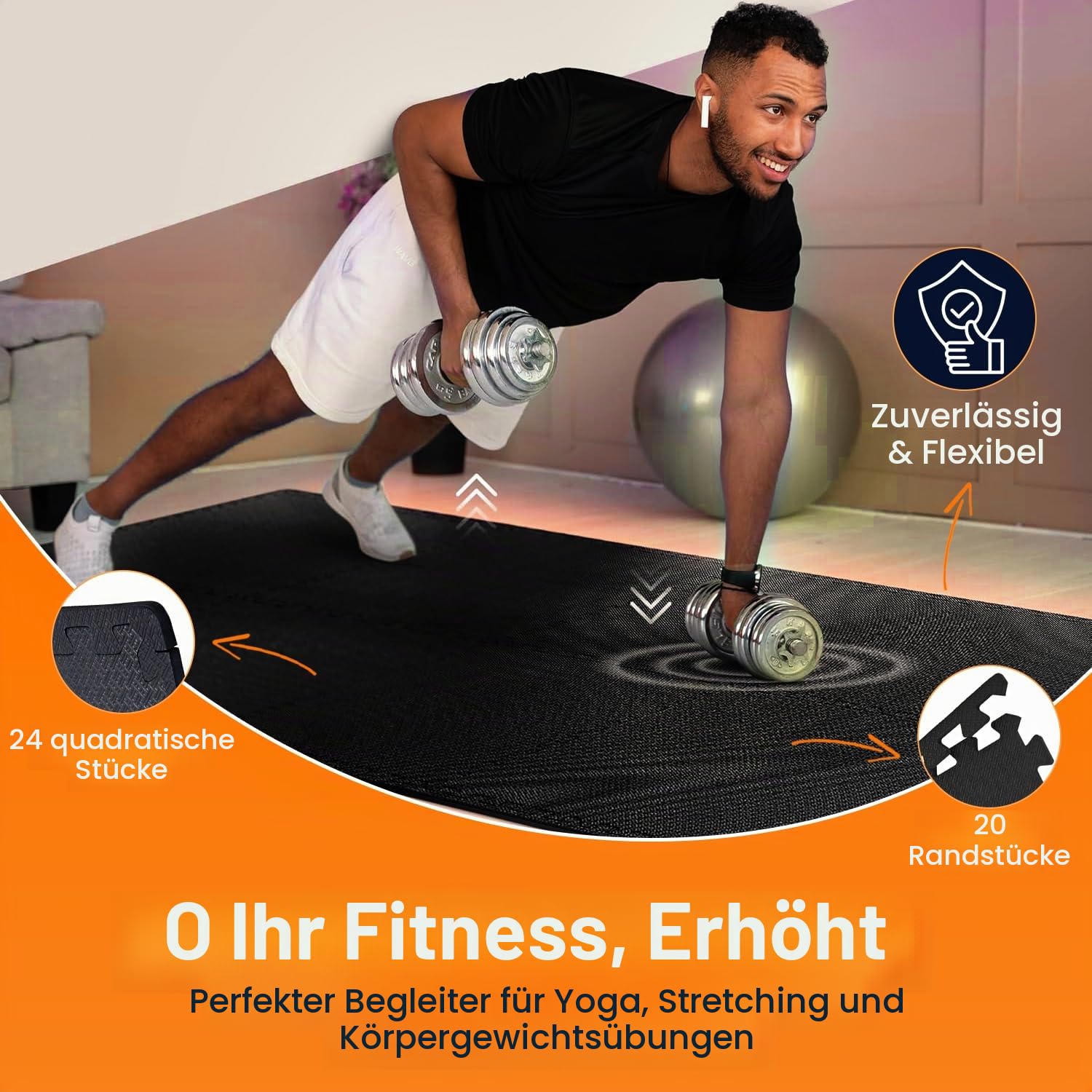 24 St. Bodenschutzmatte Fitness, mit Rand 20 St; Schwarz Viereckig je 30,5x30,5cm, 1cm Dick. Gesamt 175cm X 118cm (2,07m²) Unterlegmatten Schutzmatten Bodenmatten Sportmatten Puzzlematte EVA