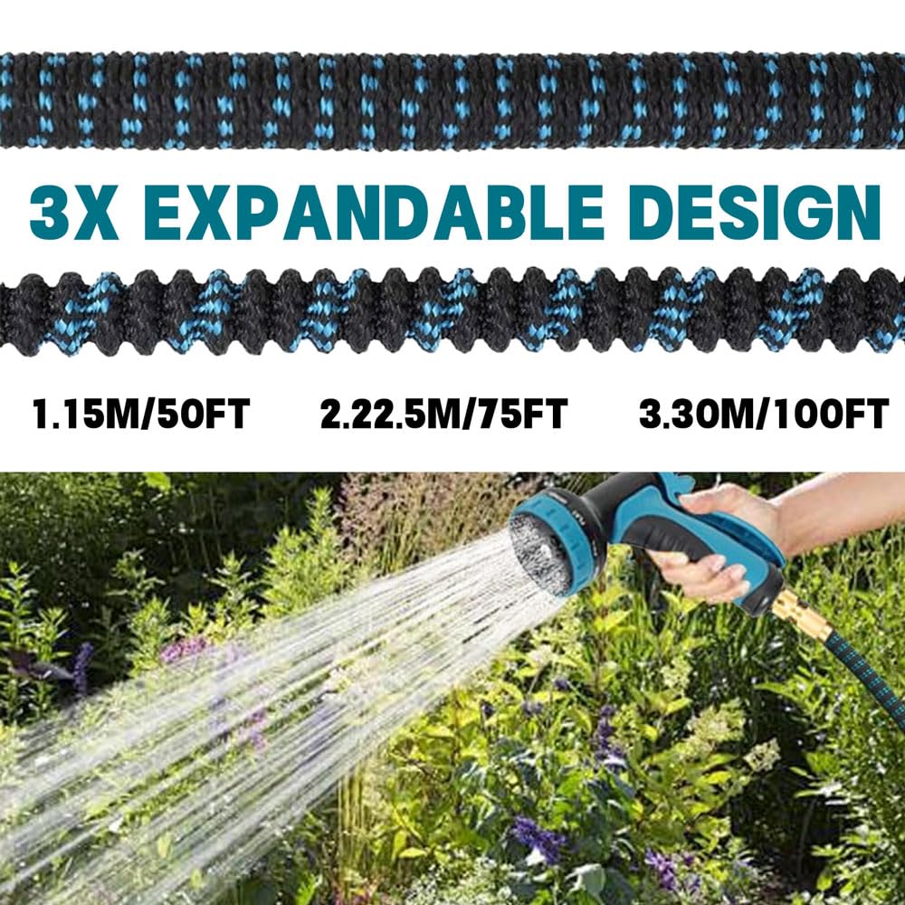 Tuyau Arrosage Extensible 30M, Tuyaux D'arrosage Embout 10 Modes Pistolet, 3/4" 1/2" Raccord Adaptateur Robinet Cuisine, Latex Triple Épaisseur Durable avec Raccords en Métal et Sac (100TF)