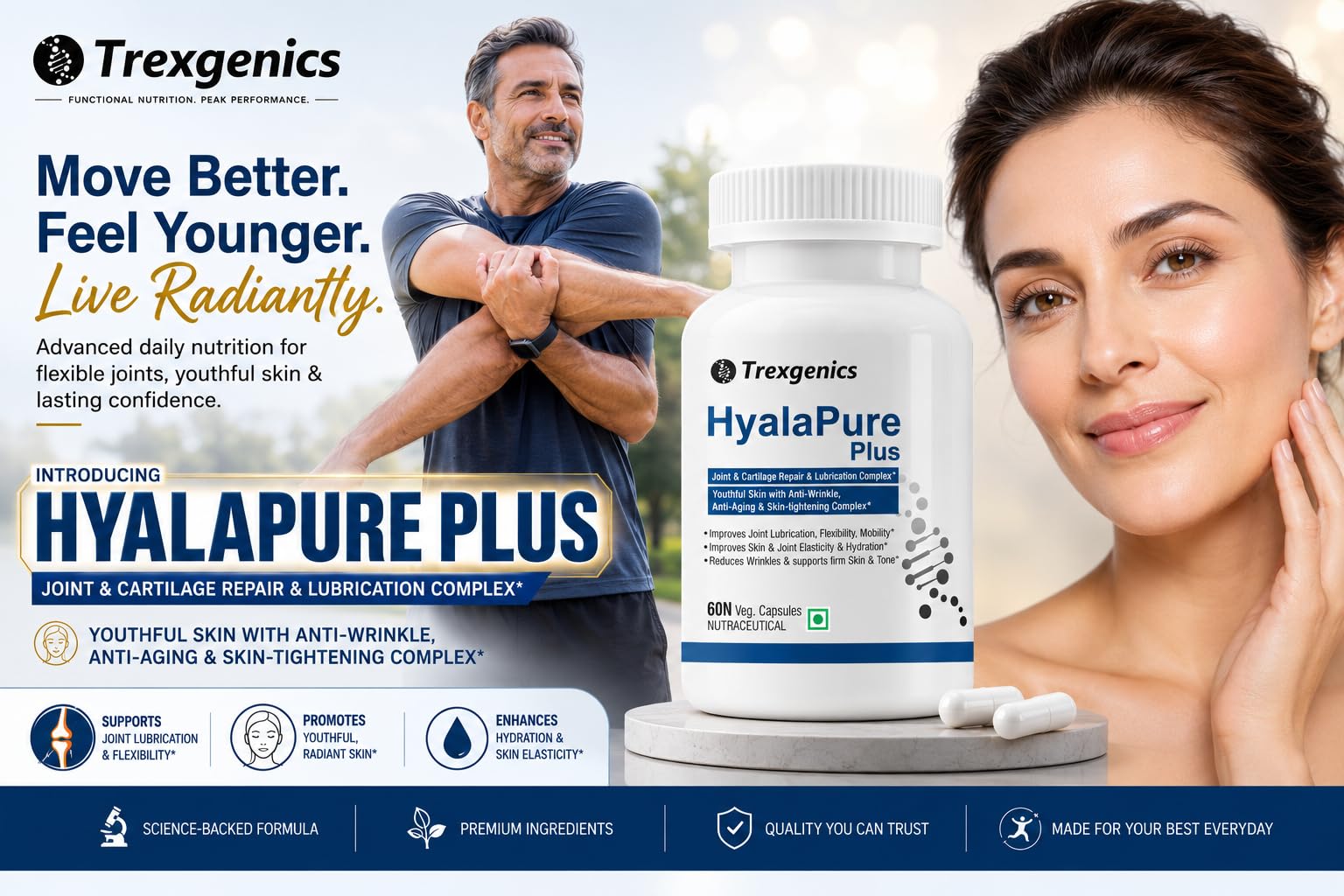 Trexgenics HYALAPURE PLUS Advanced Joint Lubrication & Skin Care Complex with HYALURONIC ACID 50mg, Methylsulfonylmethane (MSM) 500mg, European Rosehip extract 35% Polyphenols 100mg & Vitamin C (60 Veg. Capsules) 1