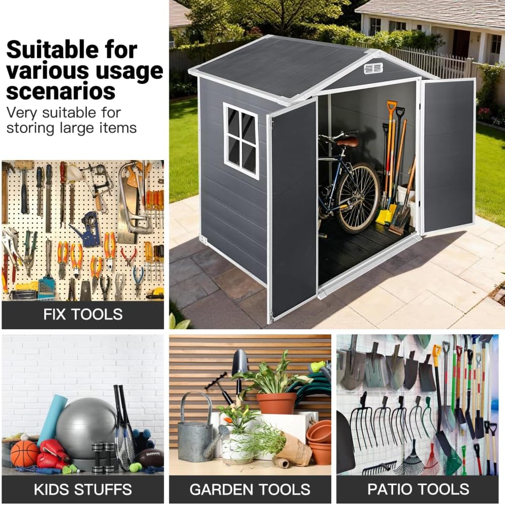 6ft X 4ft Plastic Outdoor Storage with Floor and Lockable Door Plastic Garden Shed for Backyard, Lawn, Gray