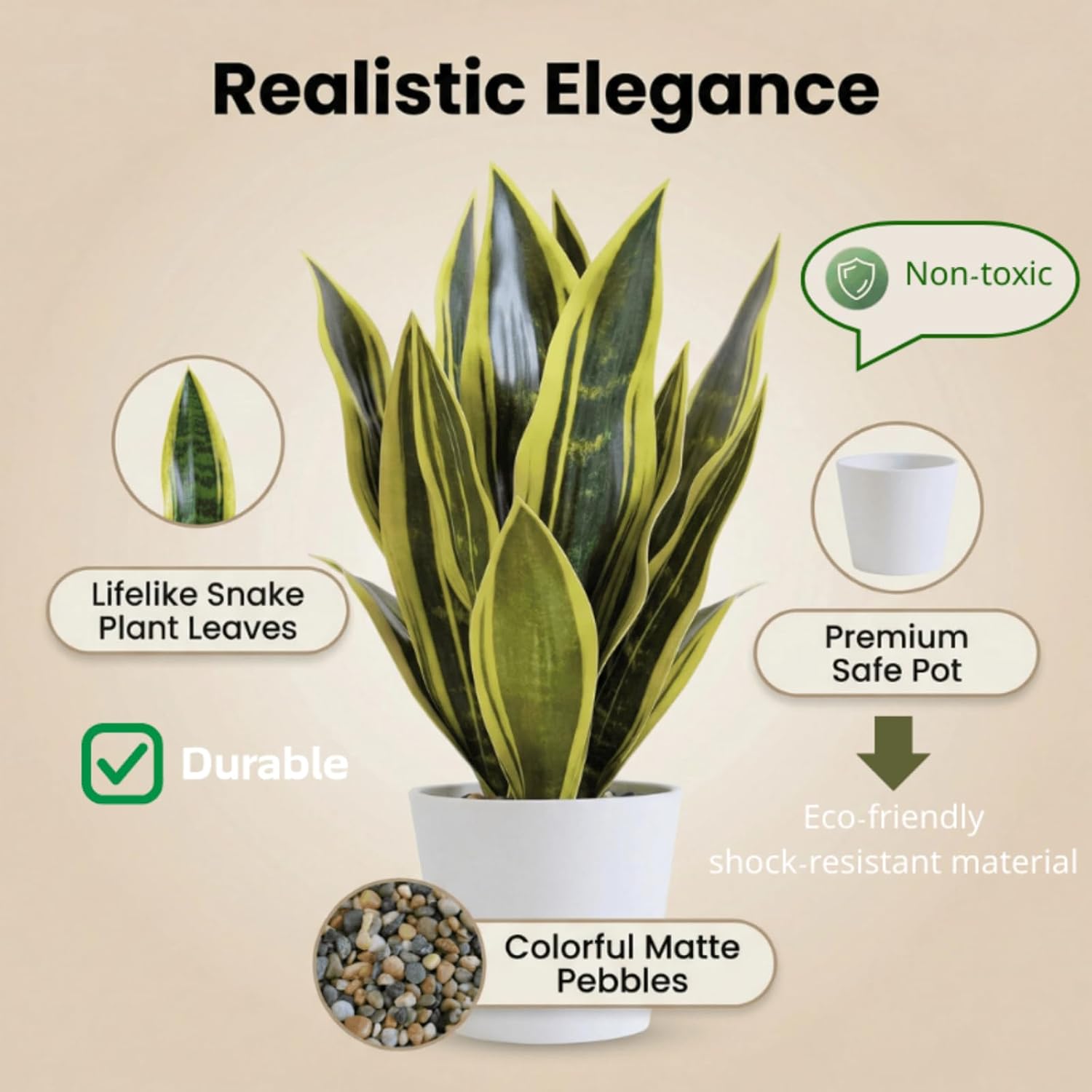 Artificial Snake Plants in White Pot, 15.5'' Sansevieria Potted Plant, Modern Fake Greenery for Desk, Indoor Decoration for Office, Bathroom Home Decor (Green & Yellow -1)