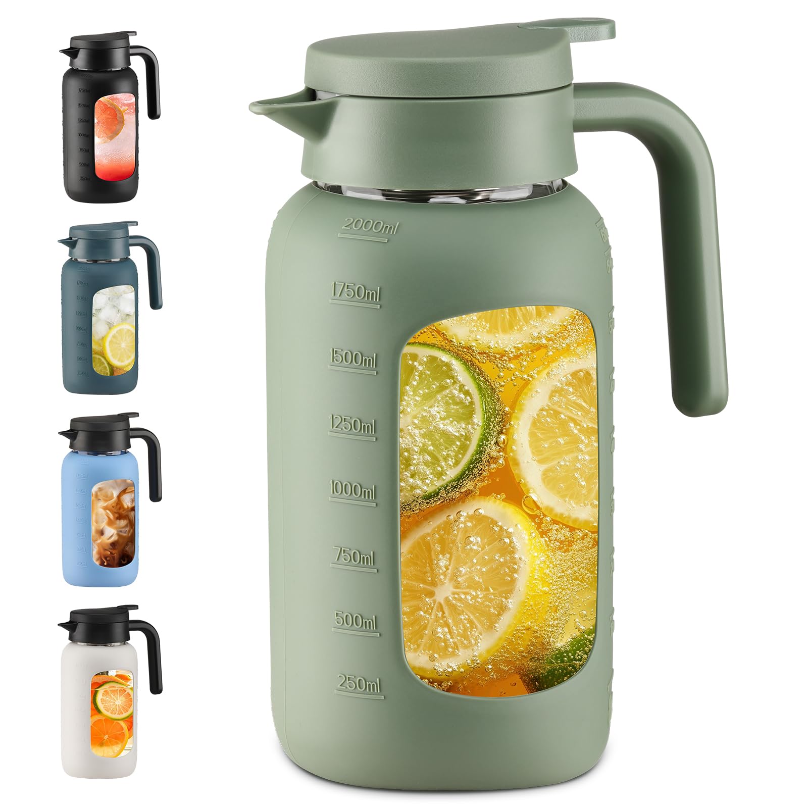 Photo 1 of 68 oz Glass Pitcher with Lid and Handle, Glass Carafe/Jug for Hot/Cold Water, Large Iced Tea Pitcher for Coffee, Juice and Homemade Beverage, Olive