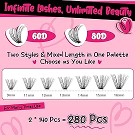 Lash Clusters Kit 280pcs Lash Clusters D Curl Eyelash Extension Kit Individual Lashes with Lash Bond and Seal Lash Applicator Easy to Apply at Home(60D+80D-9-16mix Kit)