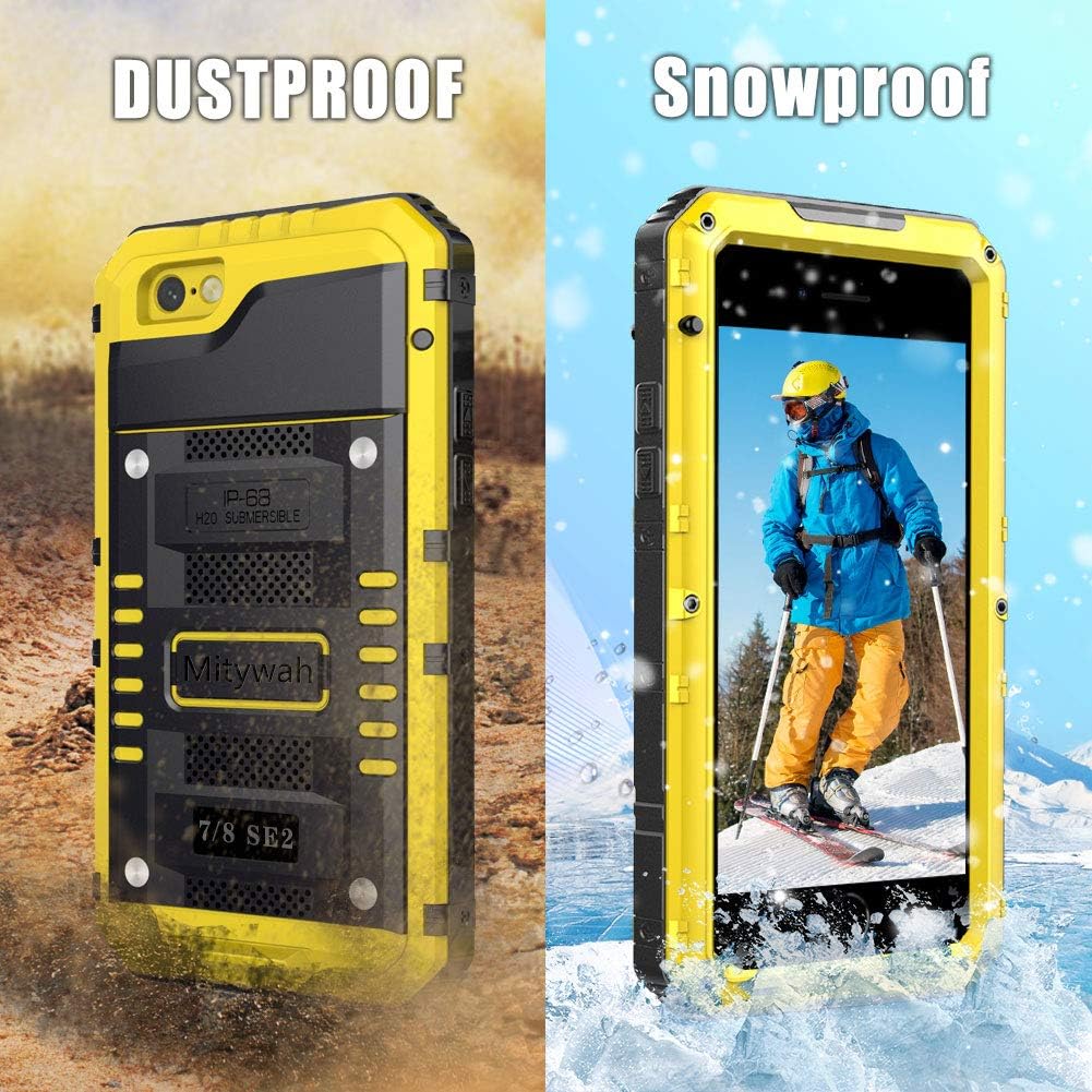 Mitywah Waterproof Case for iPhone SE 2020, Heavy Duty Military Grade Armor Metal Case, Full Body Protective Rugged Shockproof Thick Dustproof Strong Case for iPhone SE 2nd Generation, Yellow