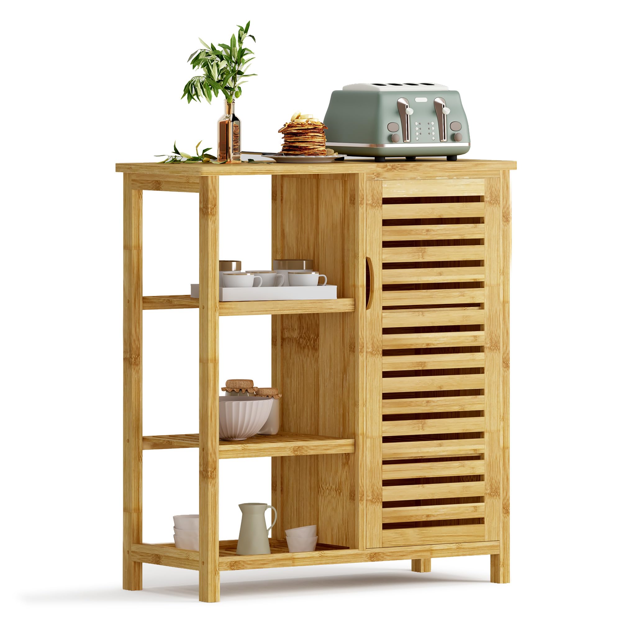 SogesPower Gabinete de Almacenamiento de Piso de baño con Puerta y estantes, Organizador de Almacenamiento Independiente con Puerta de Obturador, gabinete de bambú de 3 Niveles para Cocina, Sala