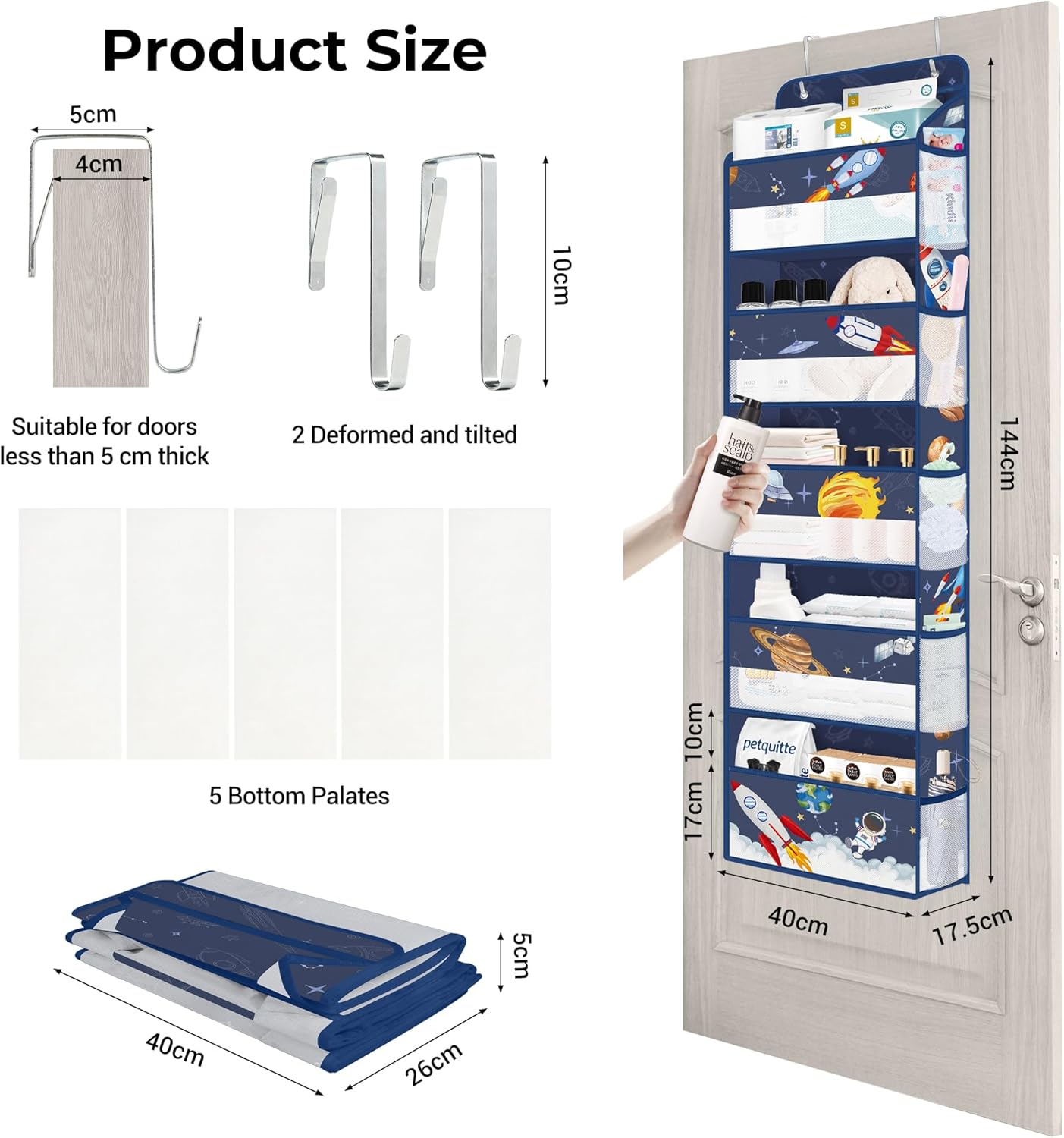 Clastyle Blue Space Over The Door Organizer Storage Planet Rocket 5 Shelves Closet Nursery Hanging Shelves Clothes Diaper Stuffed Animal Toy Storage for Newborn Baby Essential