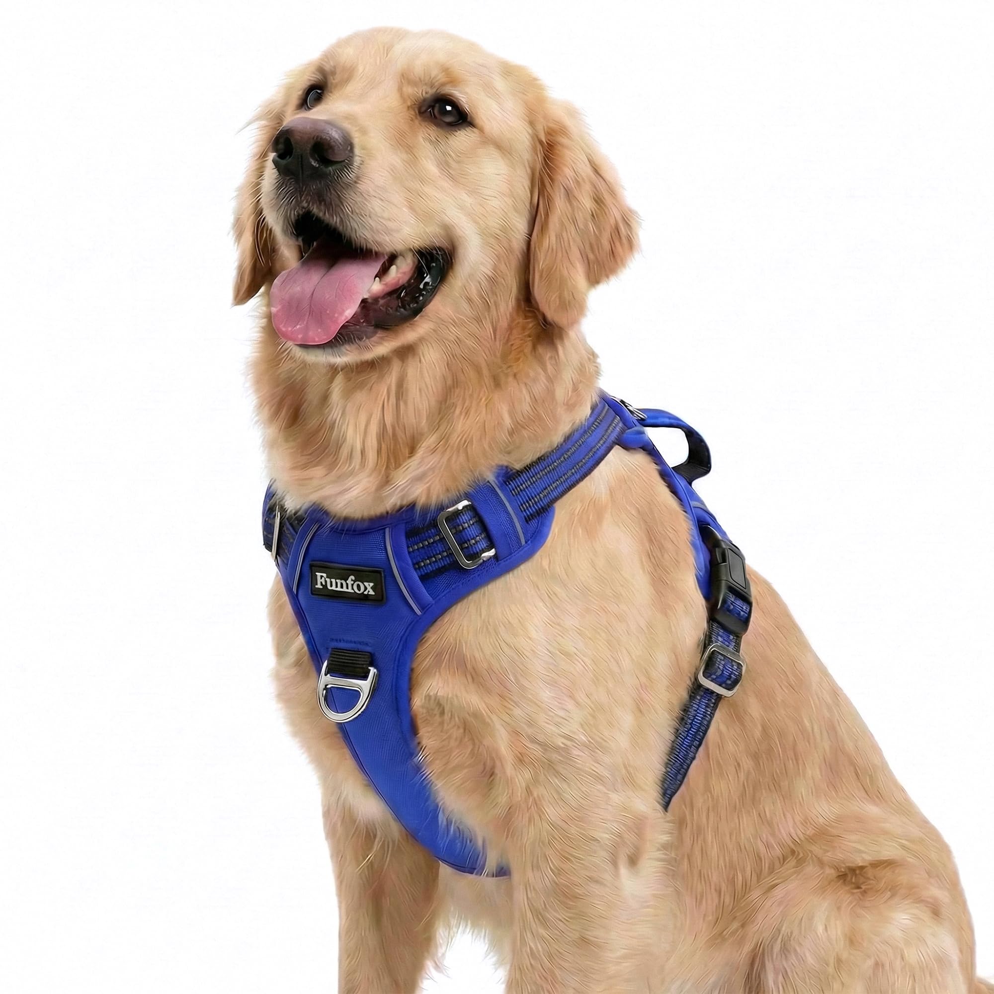 Funfox Dog Harness No Pull, Adjustable 2 Clip Anti-Pull Vest with Practical Handle, Breathable Padded Pet Harnes Designed for Small Large Breed, Reflective Training Walking Blue L
