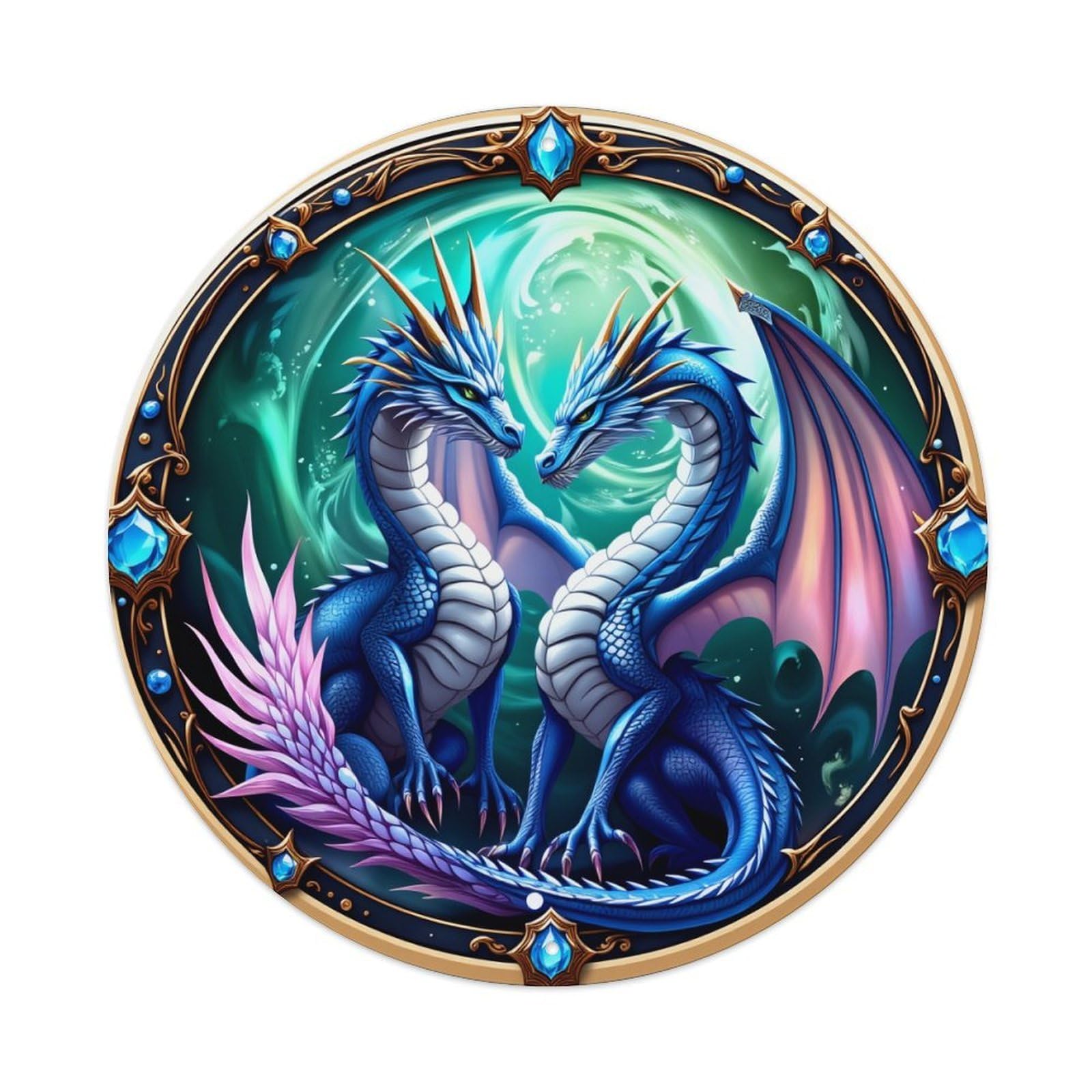 Blue Dragons Twin Mythical Fantasy Round Tin Sign Vintage Metal Poster, Home Bar Garage Man Cave Cafe Indoor & Outdoor Wall Decoration 8x8Inches
