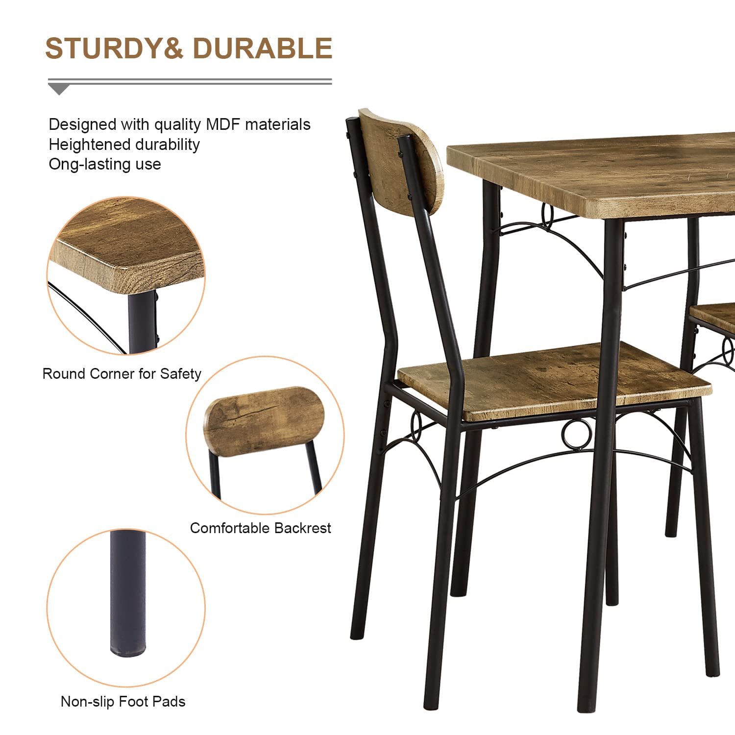 VECELO 5 Piece Kitchen Dining Room Set Metal and Wood Rectangular Table Breakfast Nook, Dinette with 4 Chairs, Brown