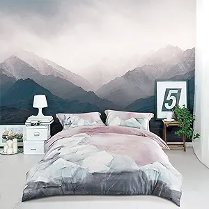MILDLY 100% Long-Staple Cotton Duvet Cover Gray Pink Marble Pattern Comforter Cover Set 500TC Watercolor Abstract Reversible Soft & Breathable