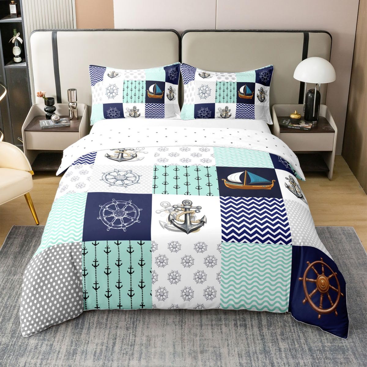 Feelyou Anchor Decor Bedding Set Queen Size Kids Ocean Nautical Voyage Comforter Cover Set for Boys Girls Sailboat Printed 100% Cotton Duvet Cover Marine Themed Bedspread Cover Room Decor Quilt Cover