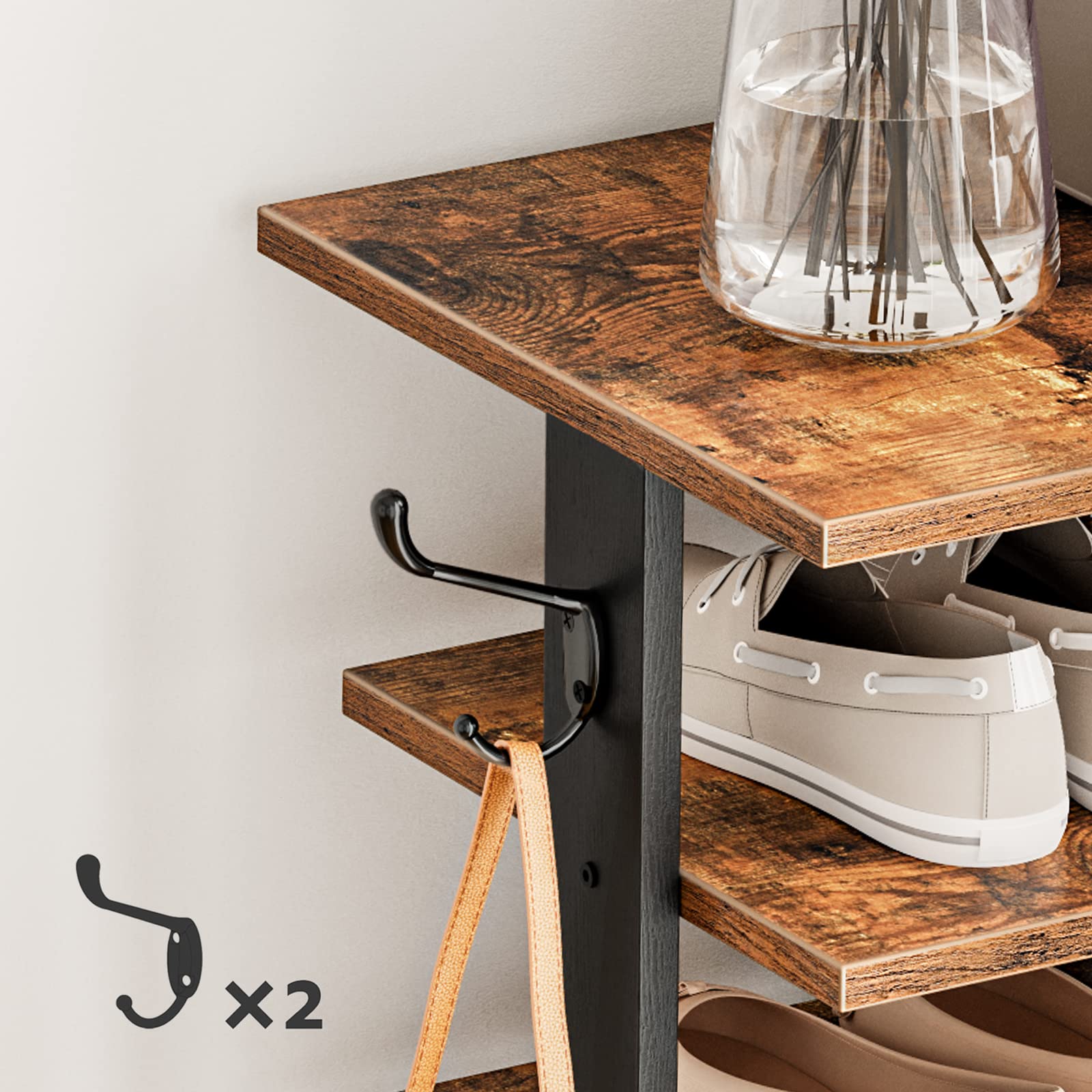 HOOBRO 8-lagiges Schuhregal, schmales Schuhablage, 50 cm Schuhschrank mit 2 Haken, Ablagegestelle, platzsparend, Stabil, für Eingang, Wohnzimmer, Schlafzimmer EBF750XJ01
