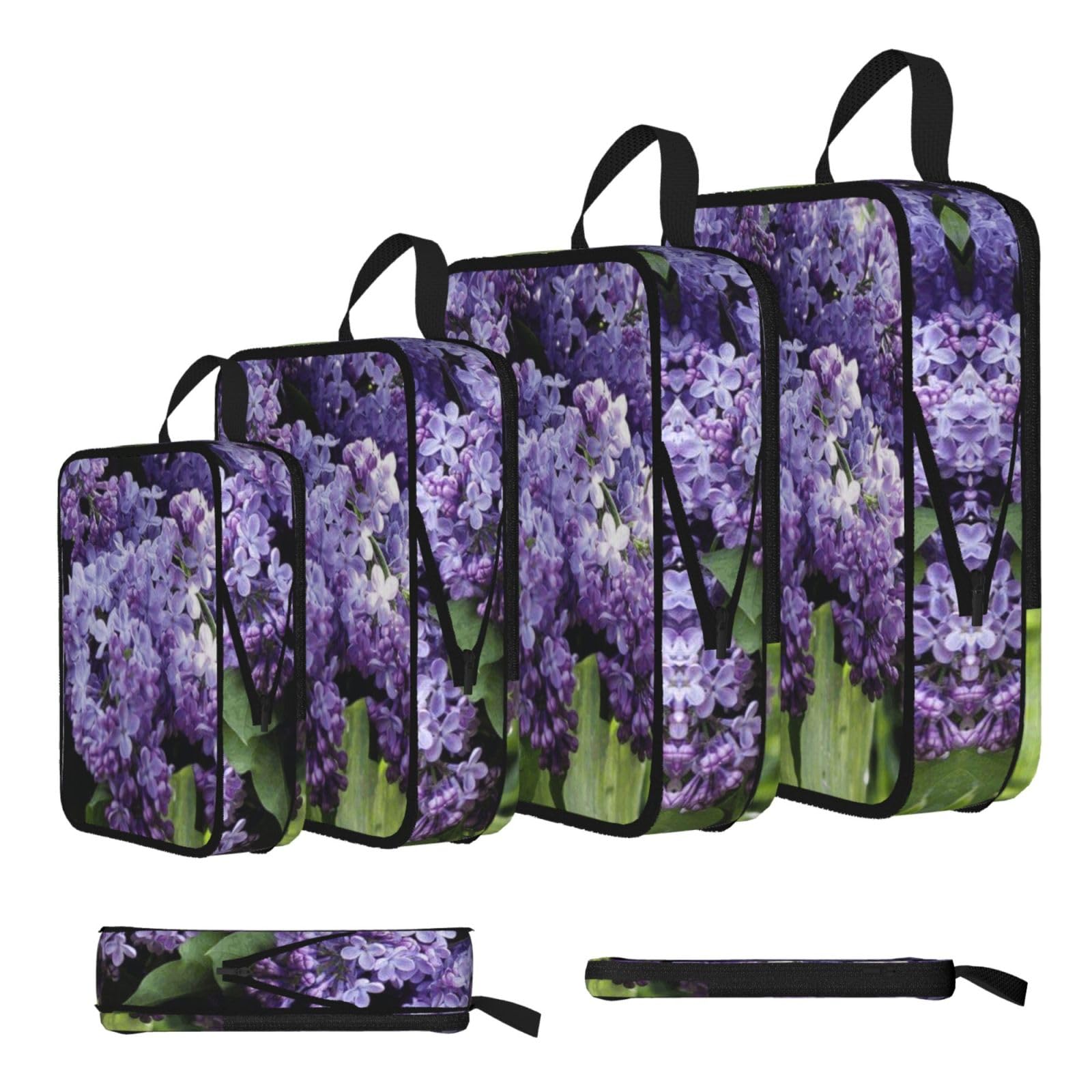 Purple Flower Print 4 Set Compression Packing Cubes For Suitcases,Expandable Storage Bags Organizers