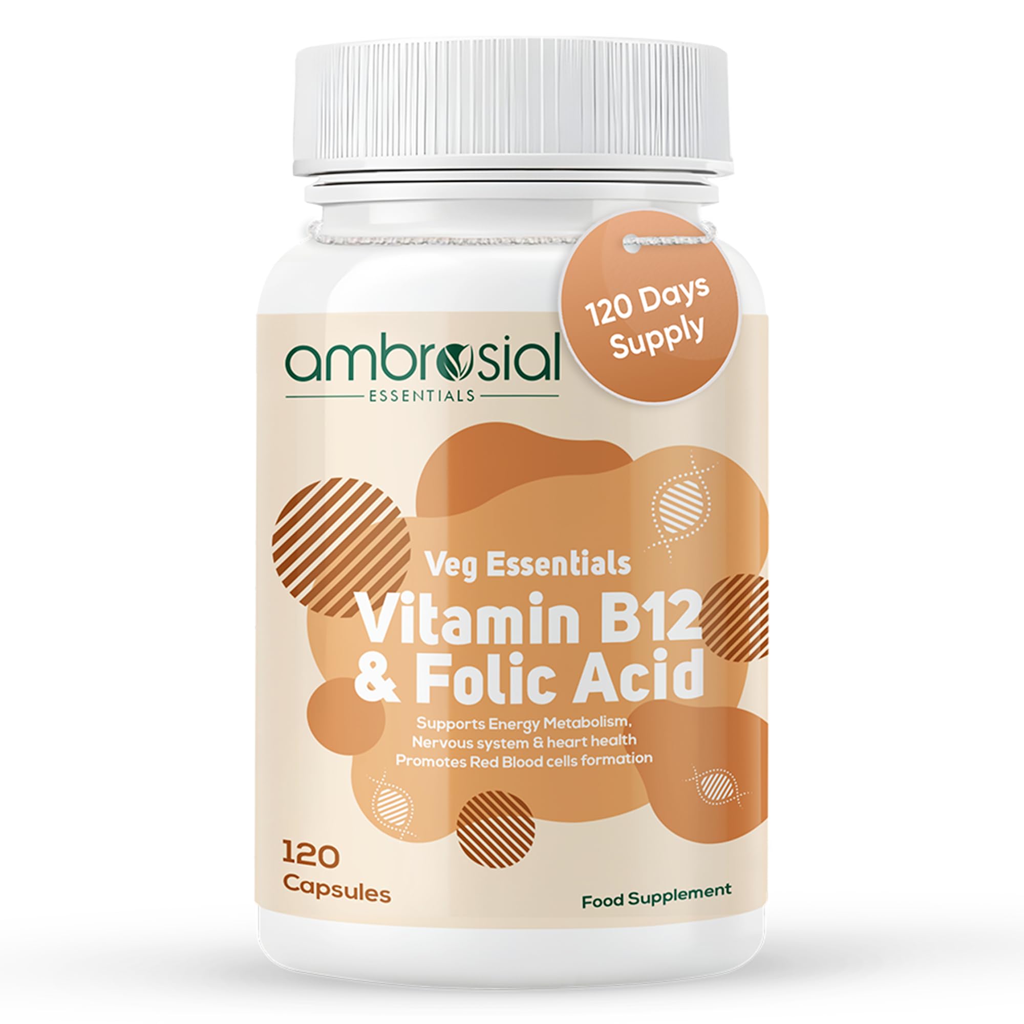 Ambrosial Vitamin B12 1000 mcg + 500 mcg Folic Acid | High Strength 1500 mcg b12 vitamin & Folic Acid |Reduction of Tiredness & Fatigue | B12 Supplement for Immune System & Energy | 120 Vegan Capsules
