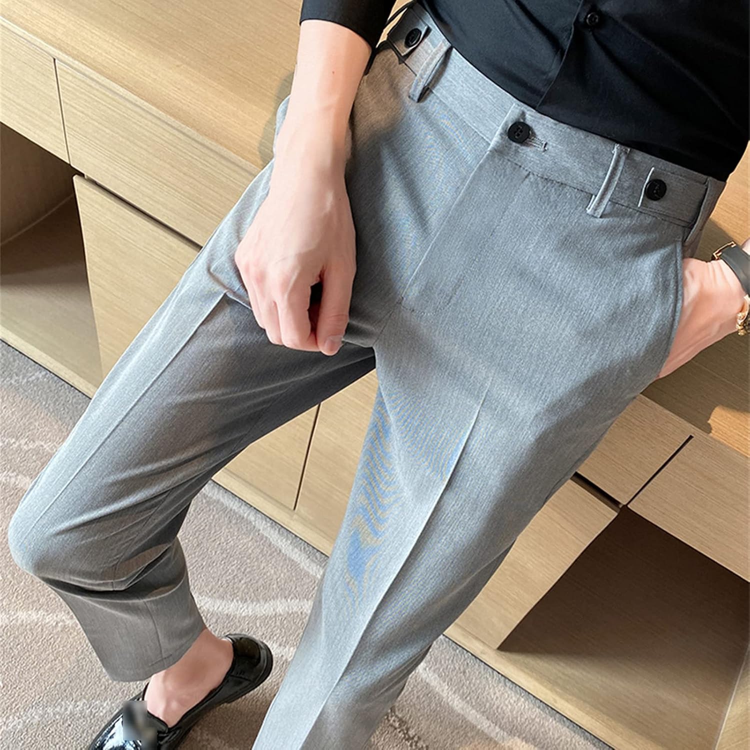 Men's Business Button Decorative Cropped Pants Stretch Slim Skinny Suit Pants Classic Fit No Iron Casual Pants