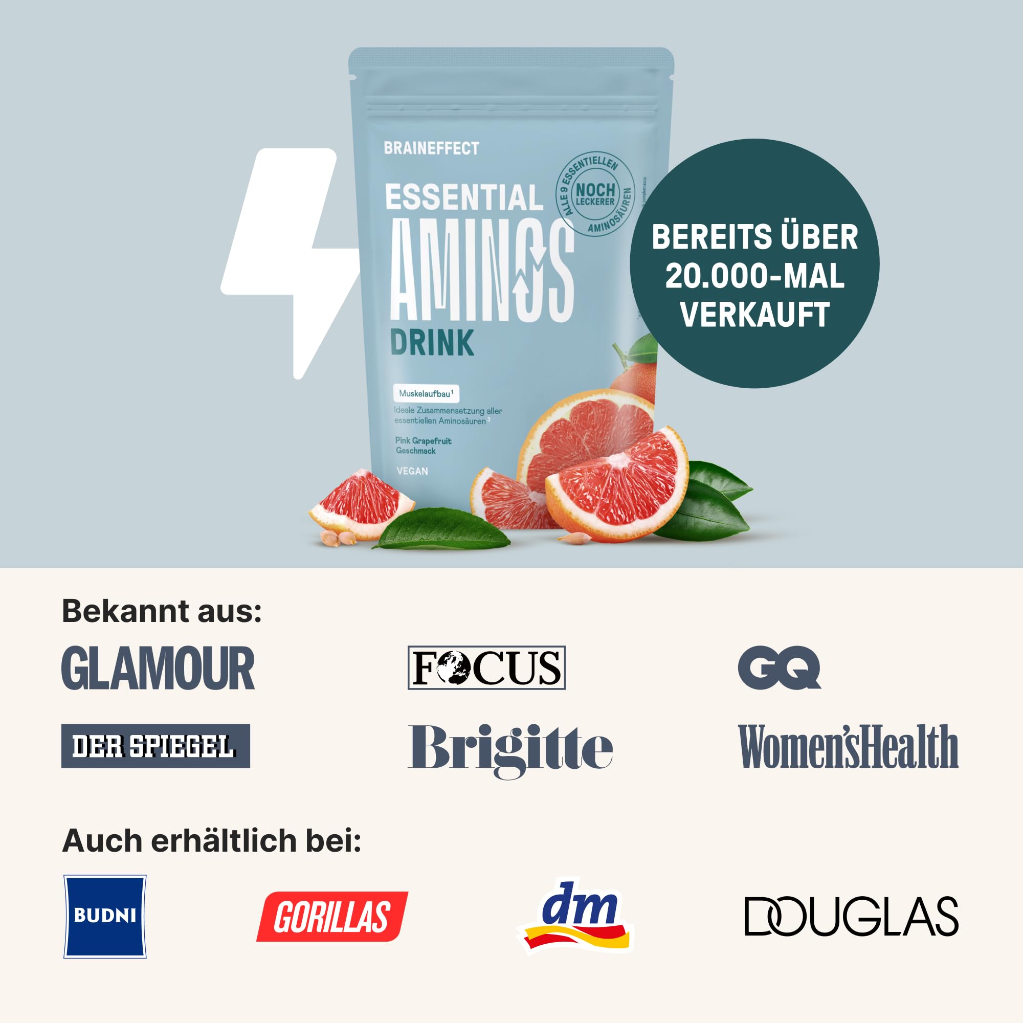 BRAINEFFECT Essential Aminos - Vollständiges Aminosäureprofil (11 Aminosäuren) - Grapefruit Geschmack (270g)