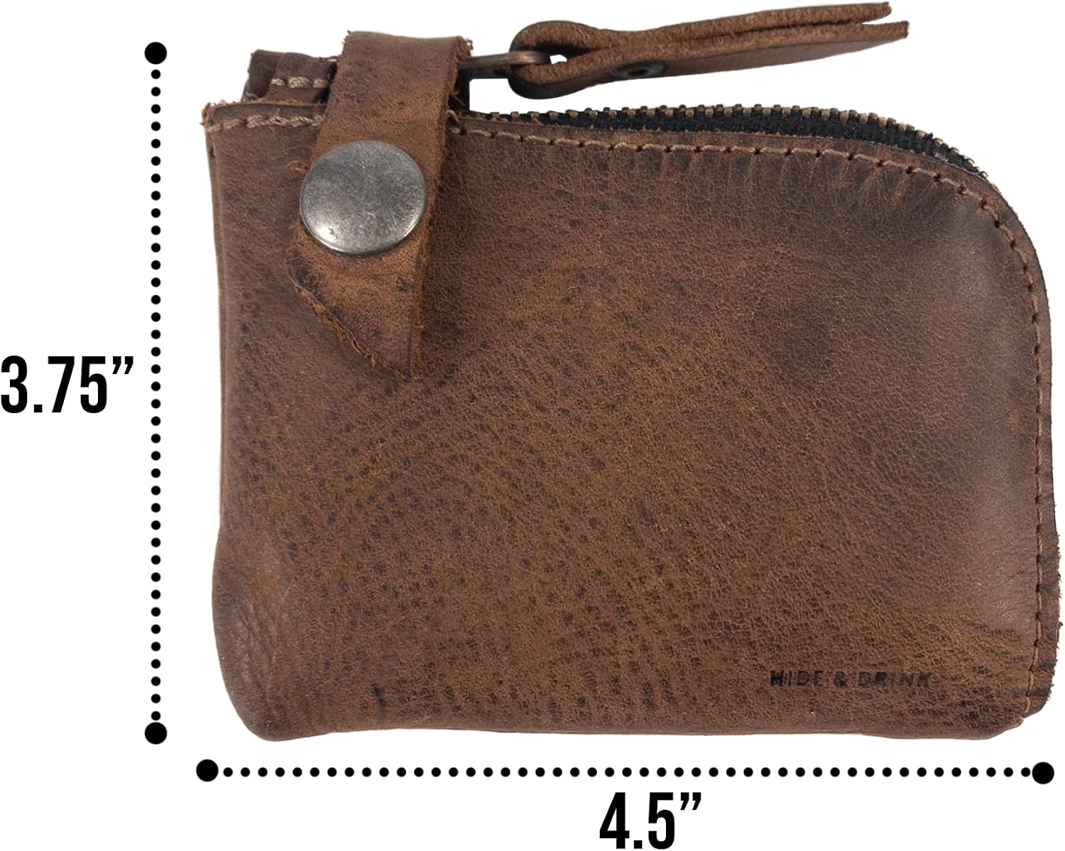 Hide & Drink, Leather Zippered Wallet, Holds Up to 6 Cards Plus Folded Bills, Pouch Organizer, Cash Holder, Travel Essentials, Mini, Pocket-Size, Handmade (Bourbon Brown)