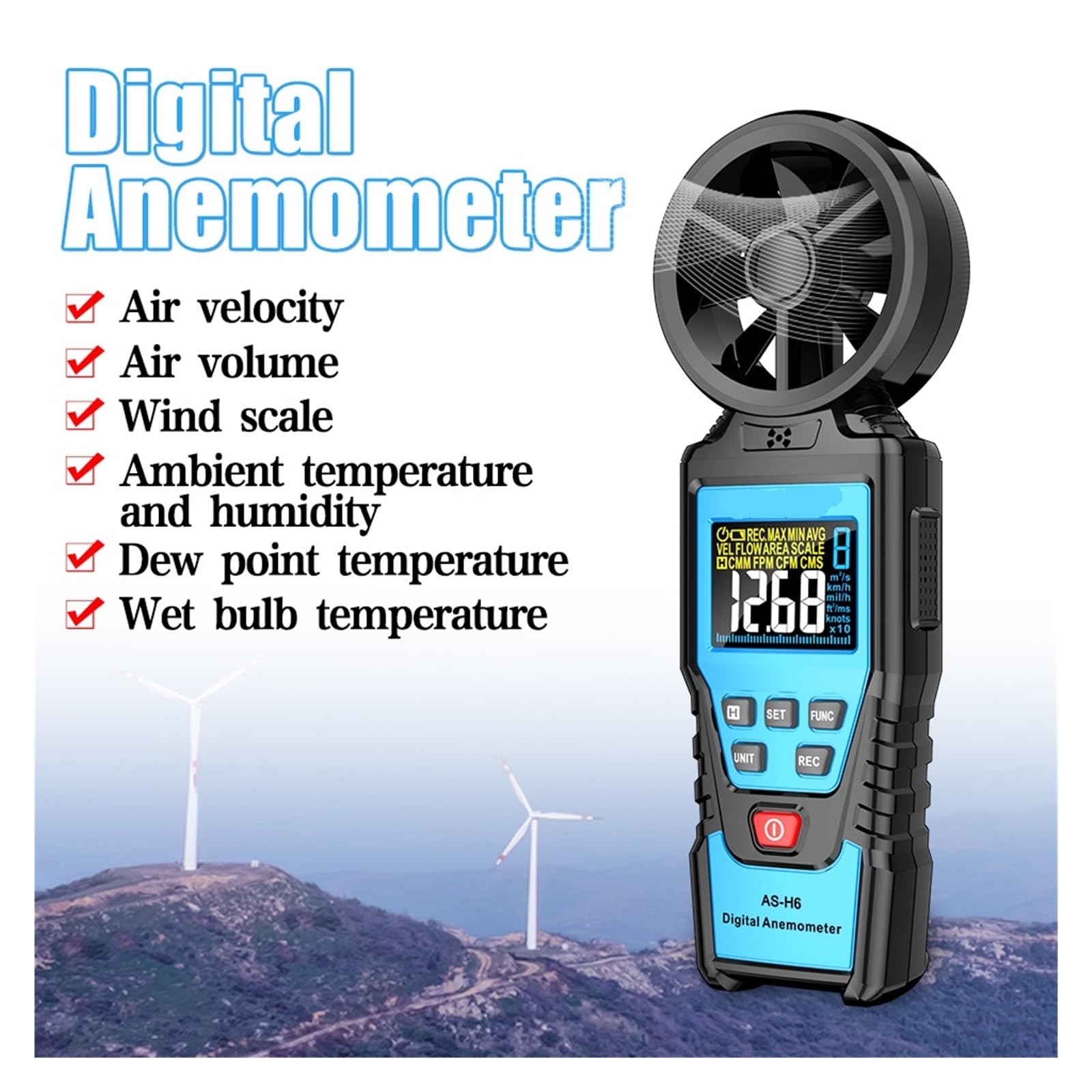 Anemómetro Digital medidor de velocidad del viento mano, energía eólica, medición temperatura y humedad, probador volumen aire(H6)