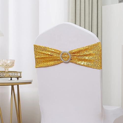 Miniatura 7 de SINSSOWL Paquete de 50 bandas de licra para sillas con lentejuelas bandas doradas para sillas con hebillas lazos plegables para sillas para fiestas