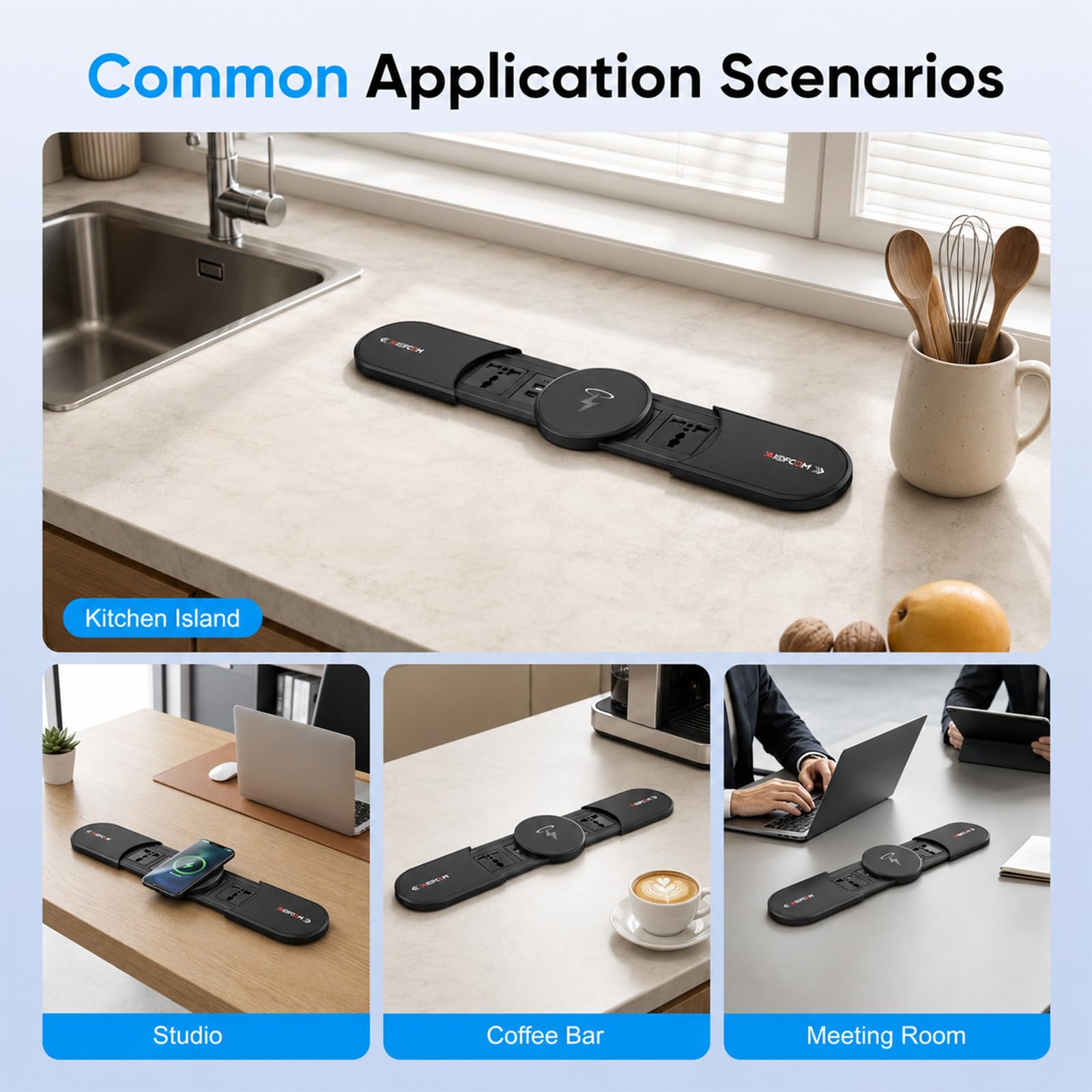 Ciabatta elettrica da incasso con 2 coperchi scorrevoli in metallo, presa a scomparsa, 4 prese con funzione di ricarica wireless da 15 W, 2 AC 2 USB A e 2 USB C, presa da tavolo a scomparsa per