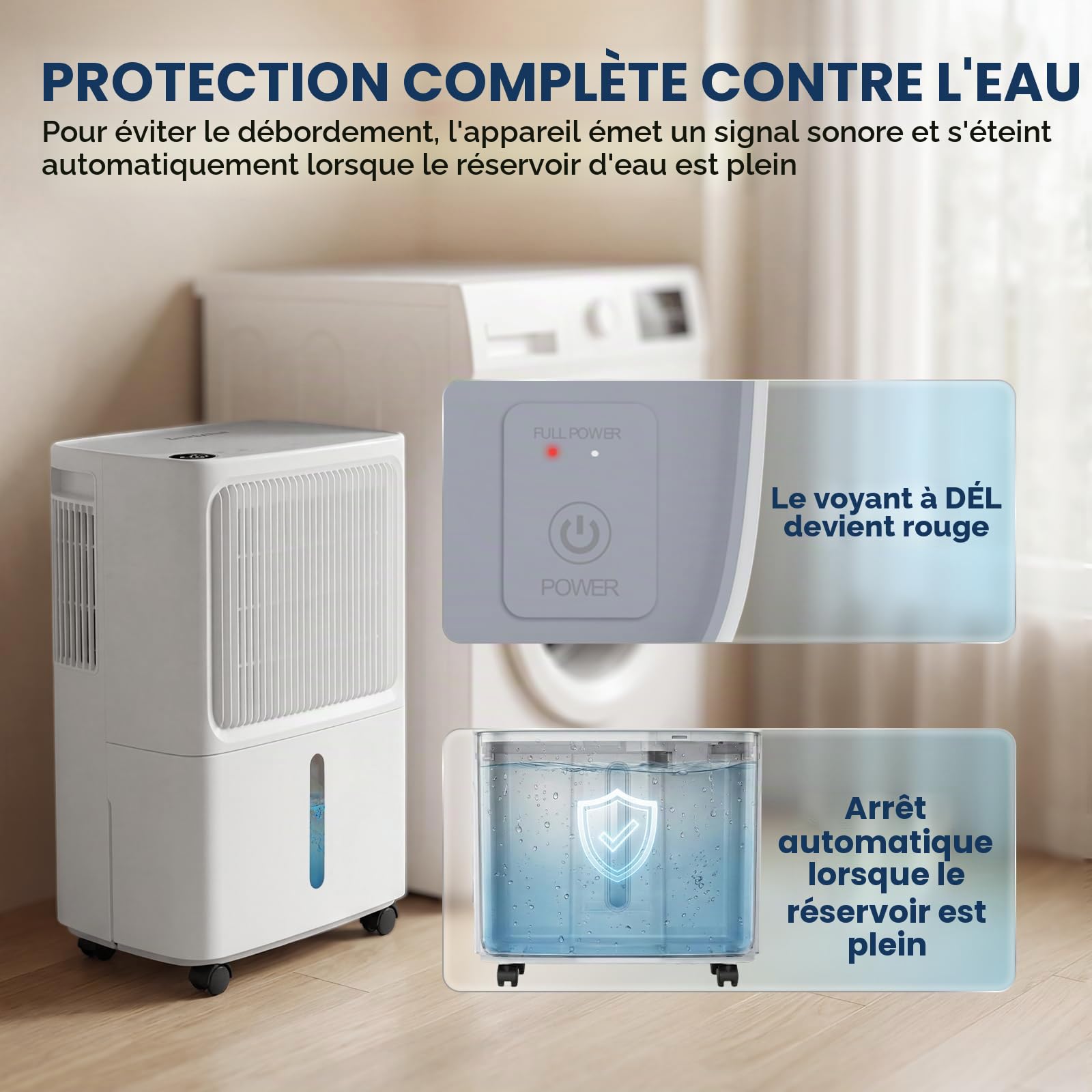 LEENON 12L/24h Deshumidificateur d Air Ultra-Silencieux, Modes Intelligent/Continu/Nuit, Double Système de Drainage, Arrêt/Redémarrage Automatique, Minuterie 24H, 30m² pour Chambre, Cav