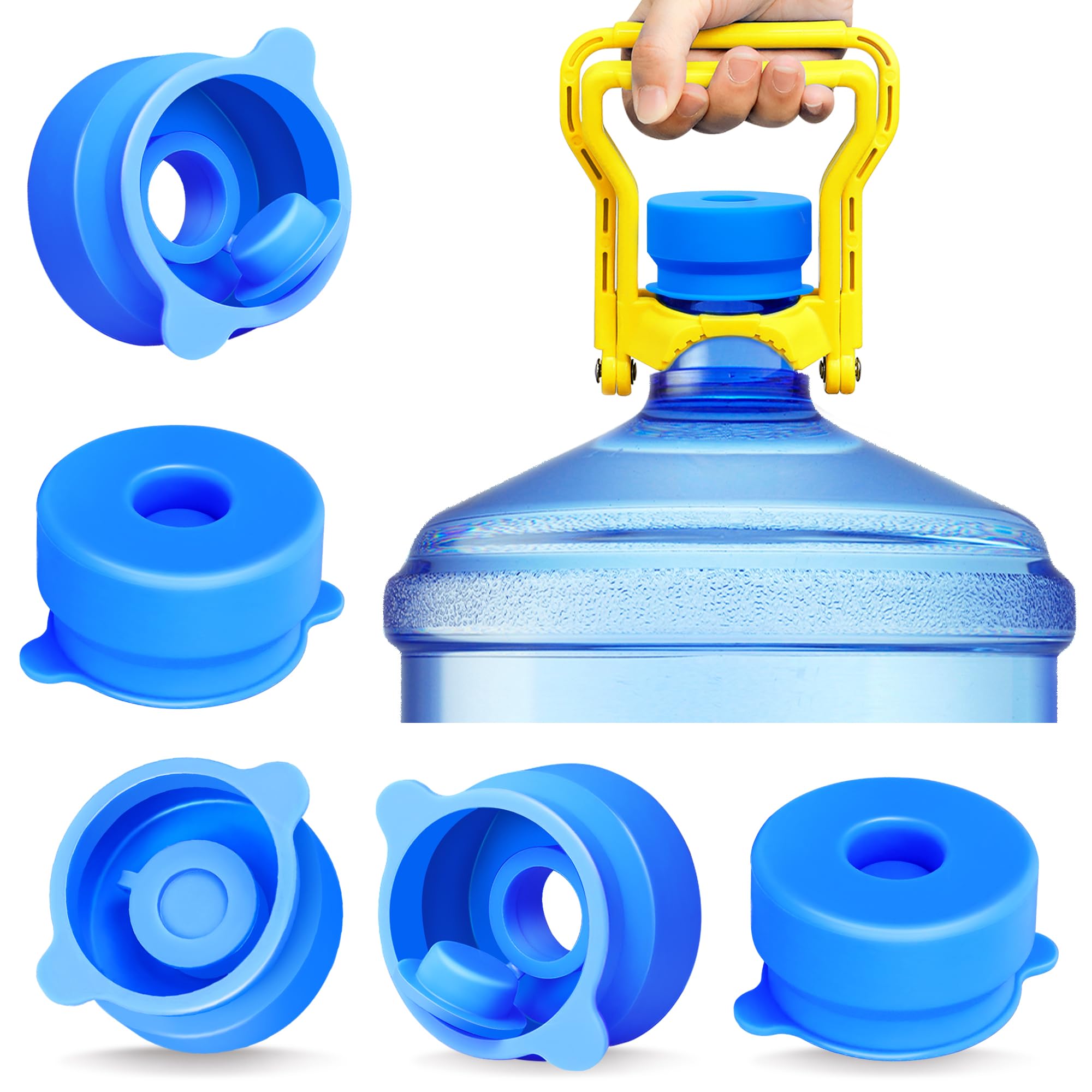 (5 Pack) 3 and 5 Gallon Water Jug Cap with (1 Pack) 5 Gallon Water Bottle Handle, Silicone Reusable Replacement Cap, Non Spill Bottle Caps for 55mm Bottle Water Dispenser Caps
