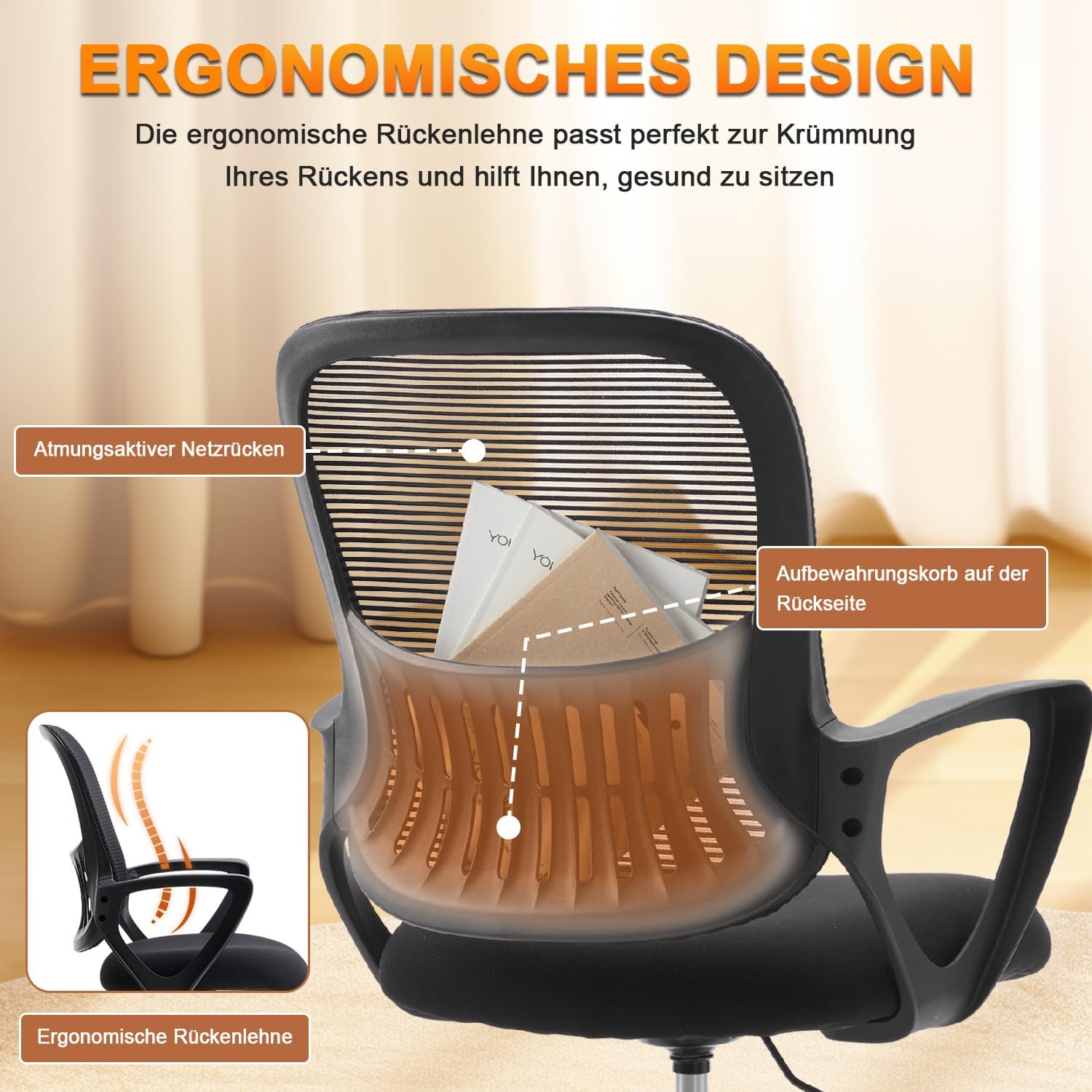 Sweetcrispy Silla de Oficina ergonómica, de Escritorio con Soporte Lumbar, reposabrazos Ajustables, Regulable en Altura, Adecuada para Dormitorio