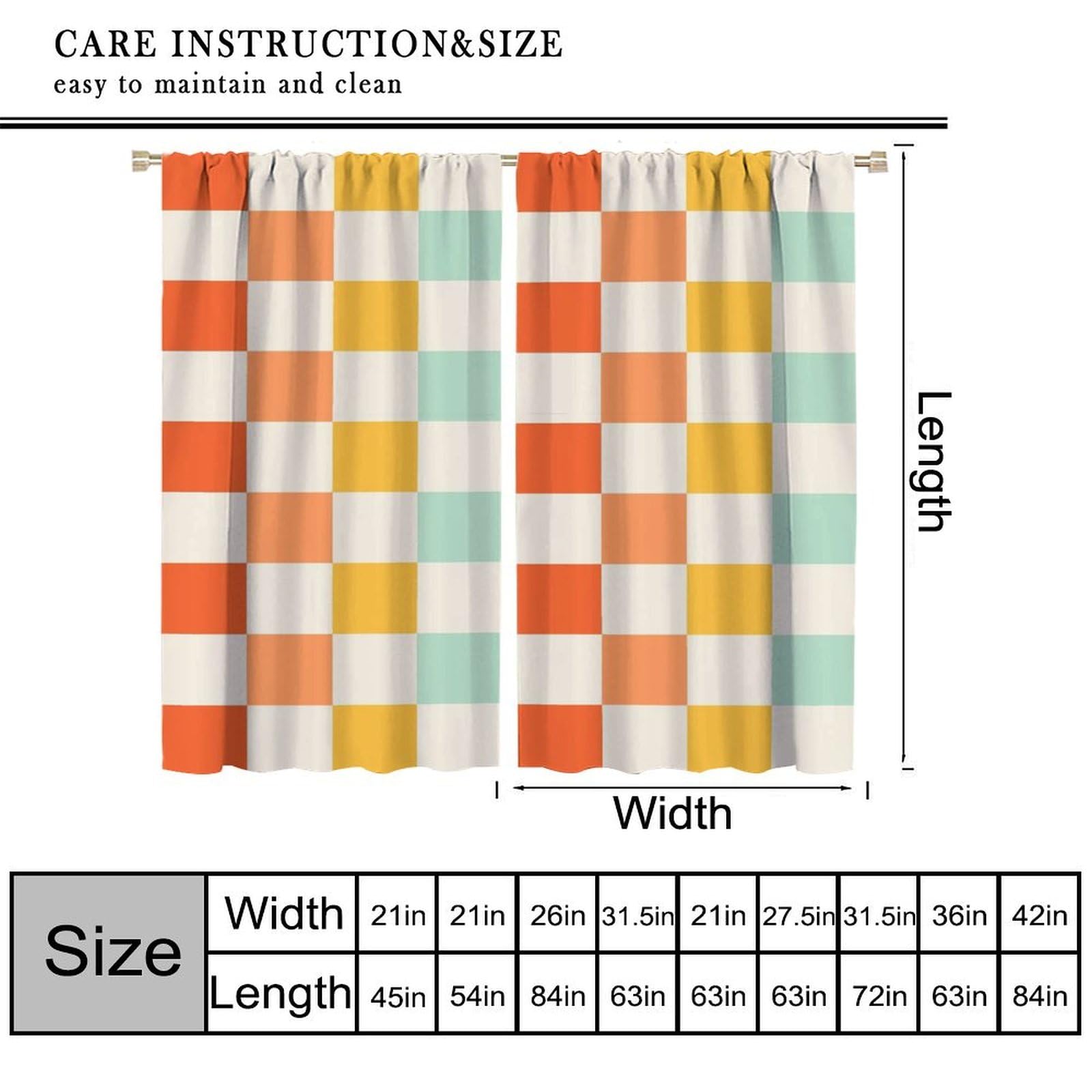 SENRUEGT 70s Retro Curtains,Cute Green Pink Yellow Checkered Hippie Window Treatments for Kids Girl Bedroom Window 42