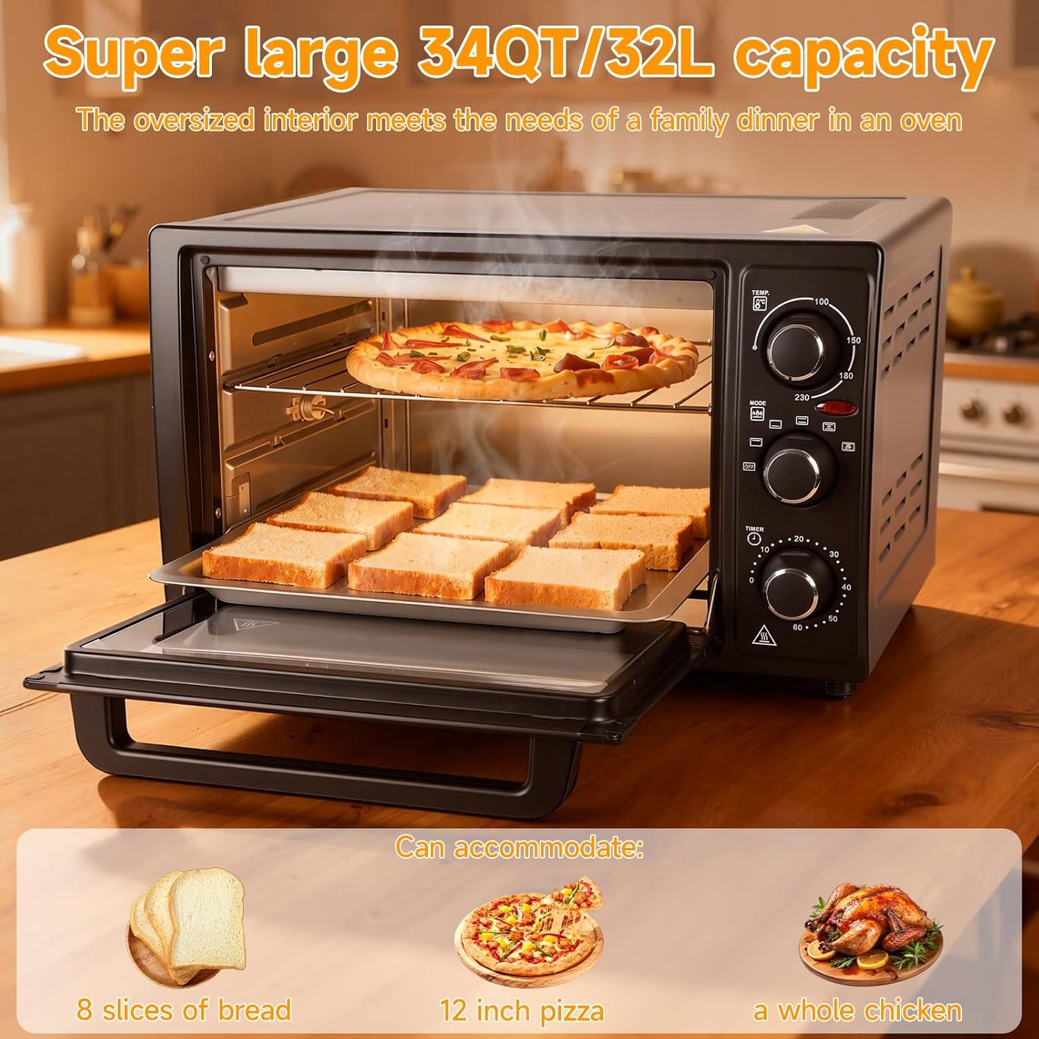 YOXIER 34QT Air Fryer Toaster Oven Combo - 1500W Multi-Functional Countertop Convection Oven & Airfryer with Rotisserie, Dehydrator, Crispy Roast, Black Black