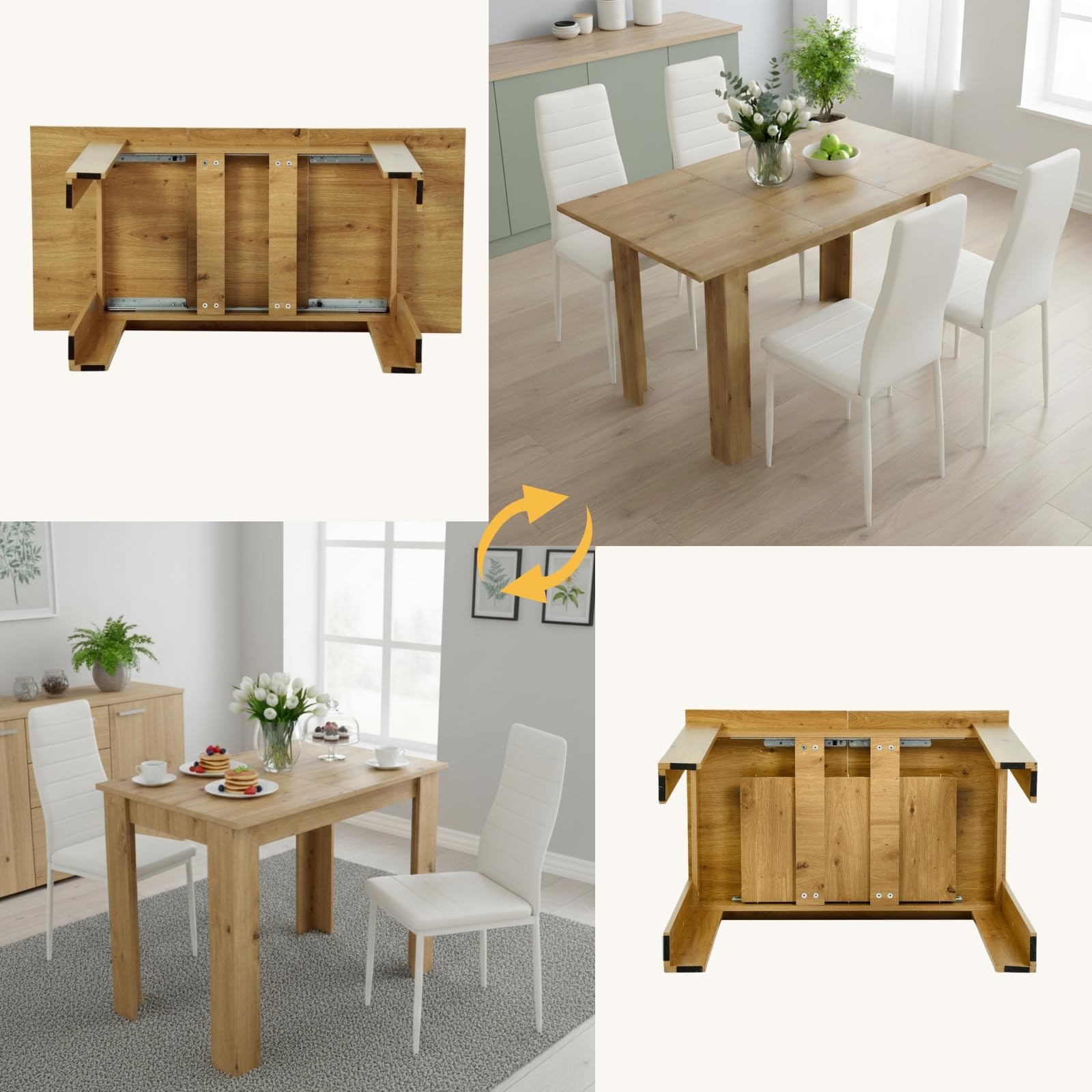 Set tavolo da pranzo allungabile 90-125 cm con 4 sedie, set tavolo e sedie in similpelle, risparmio di spazio, per piccolo spazio cucina, sala da pranzo e soggiorno (rovere + bianco)