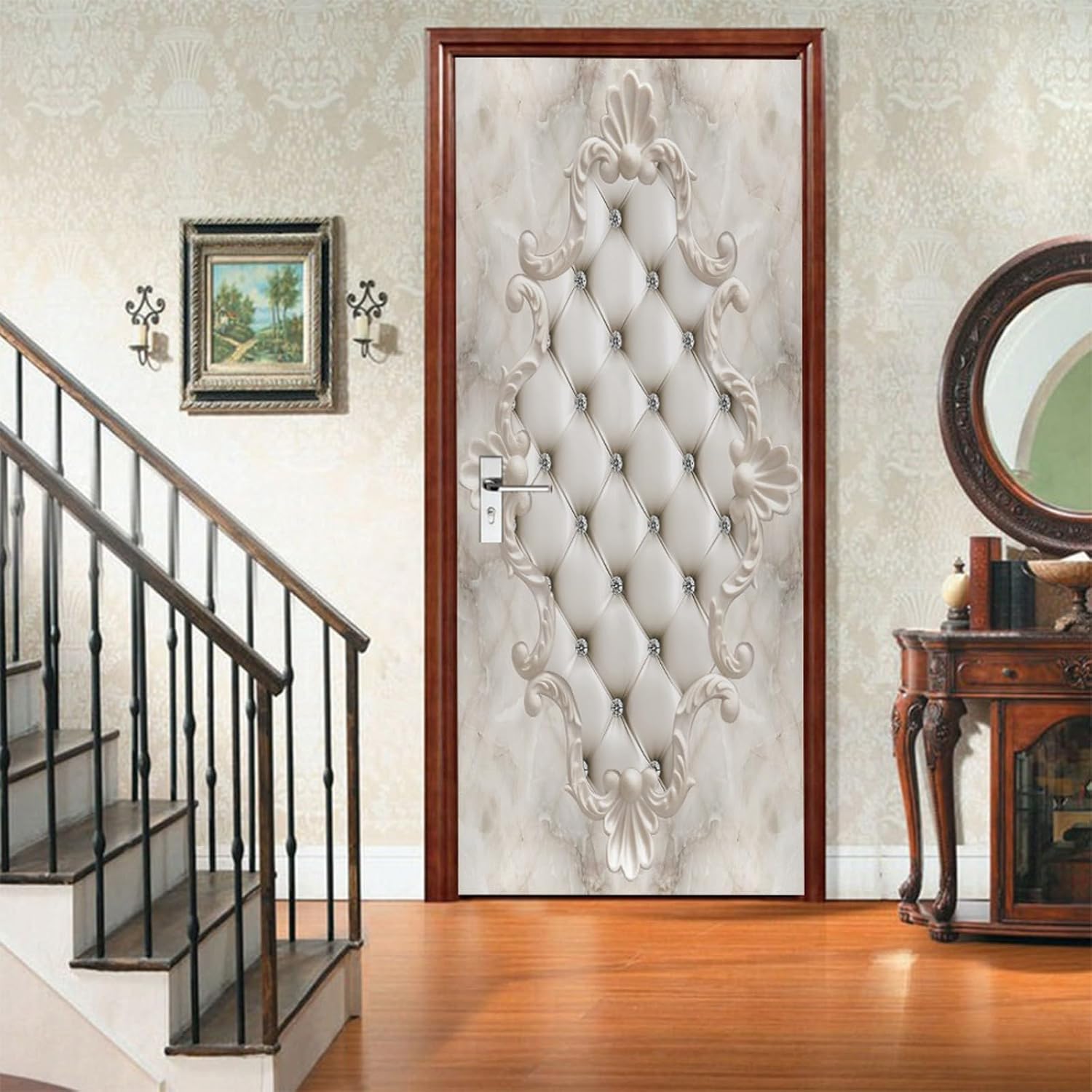 A.Monamour 3D Door Stickers for Interior Doors Beige Upholstery Fabric Vintage Pattern Background Vinyl Waterproof Self Adhesive Door Mural Decals for Bedroom Office Bathroom 77 x 200cm